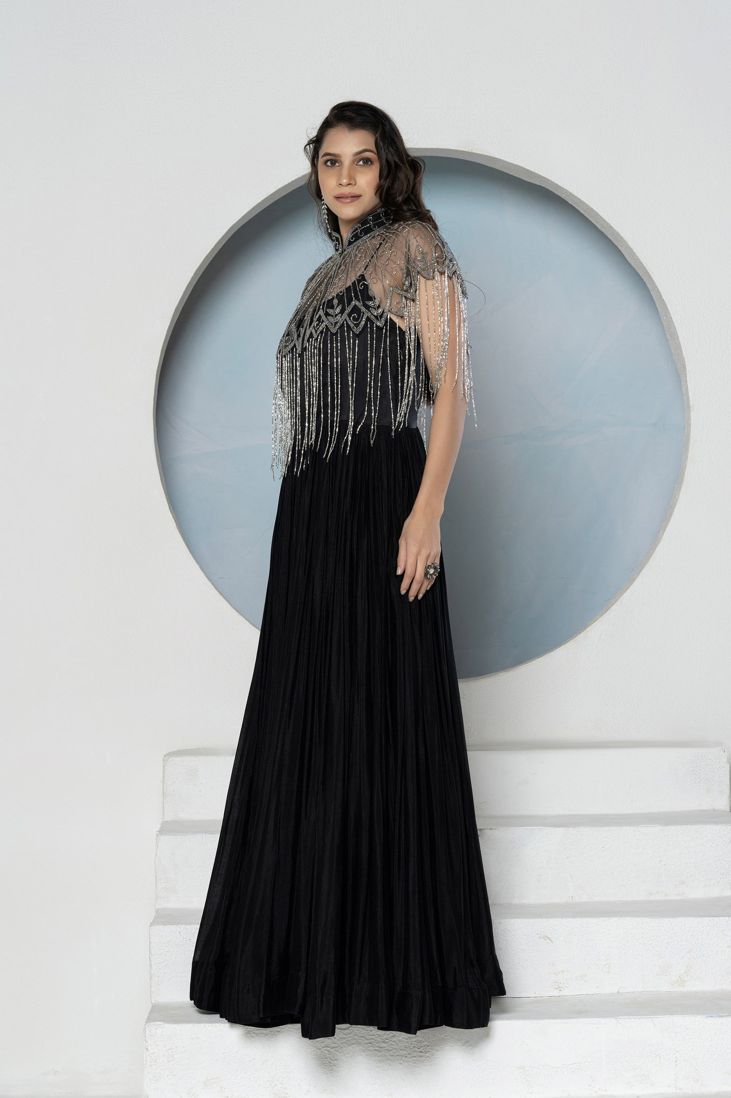 Black Chinnon Detachable Cape Gown