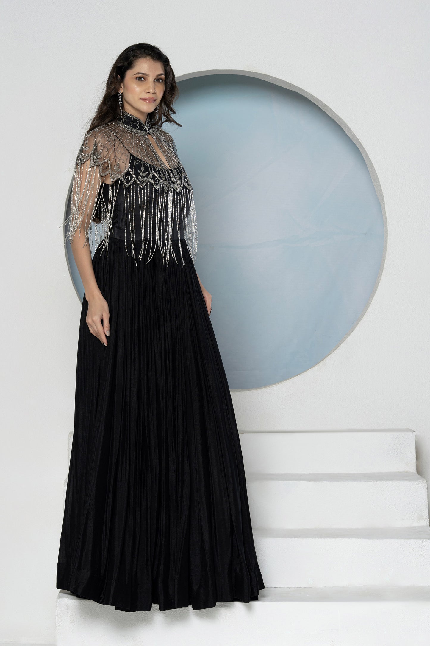 Black Chinnon Detachable Cape Gown