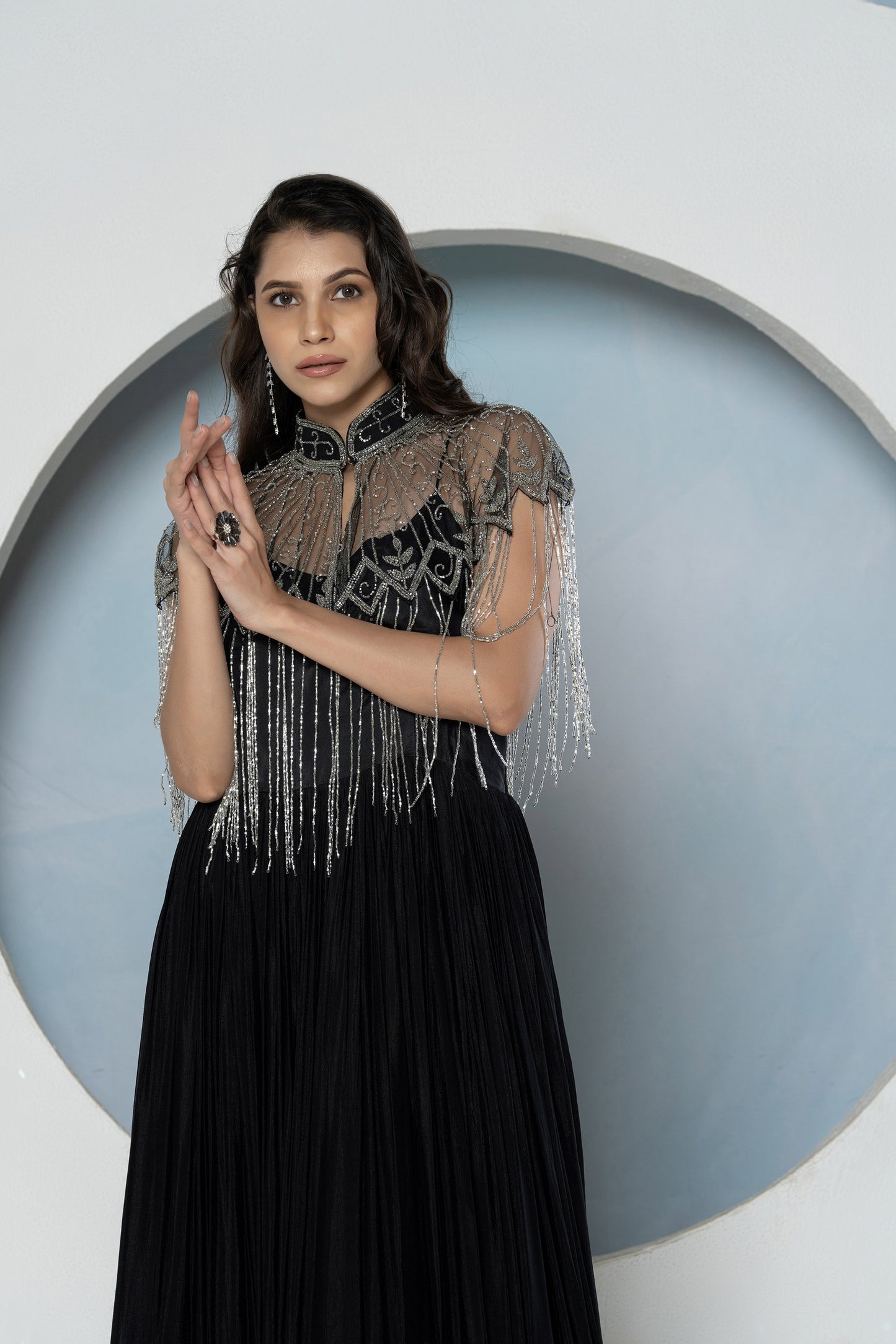 Black Chinnon Detachable Cape Gown