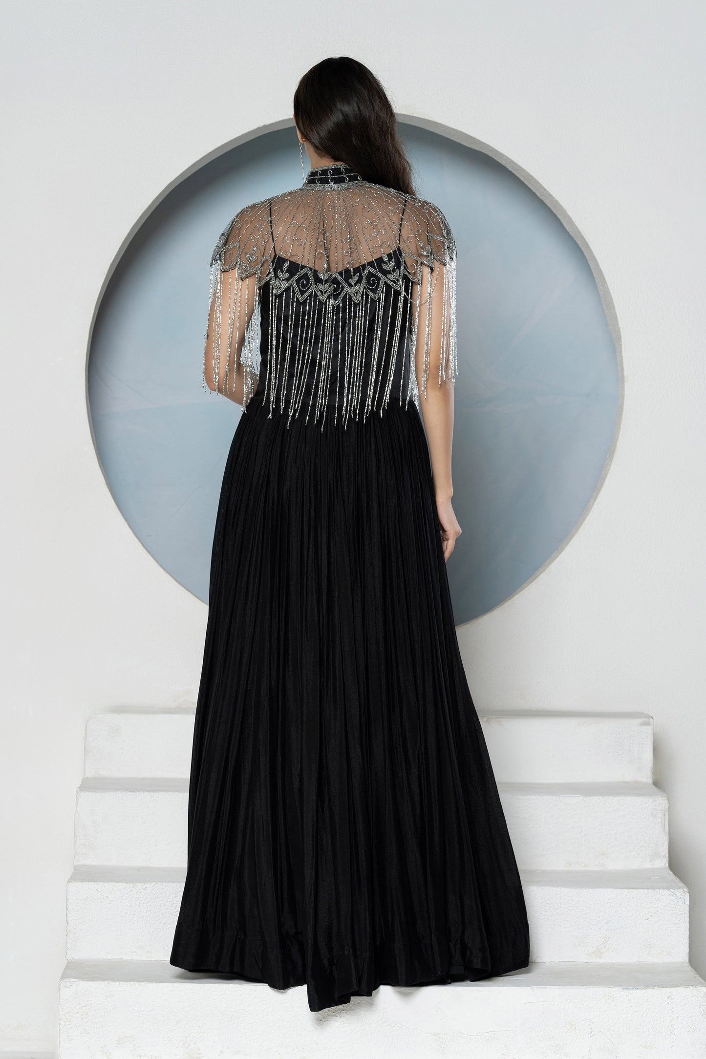 Black Chinnon Detachable Cape Gown