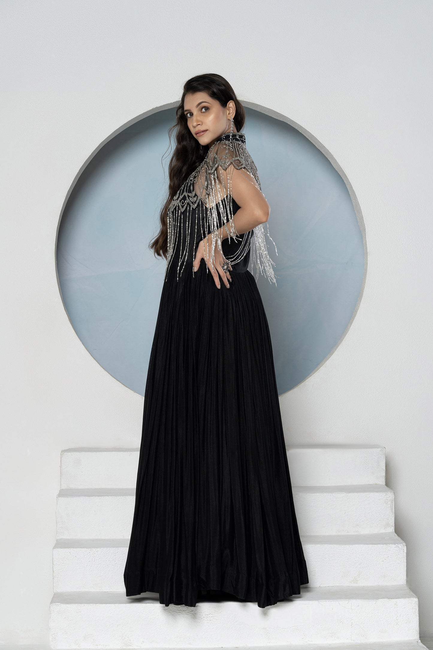 Black Chinnon Detachable Cape Gown