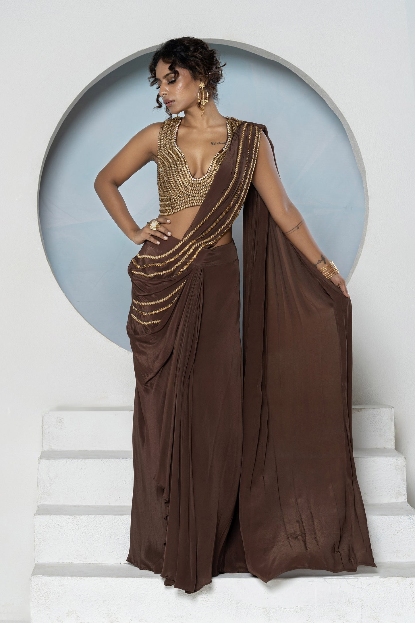 Brown Crepe Kundan Cocktail Saree