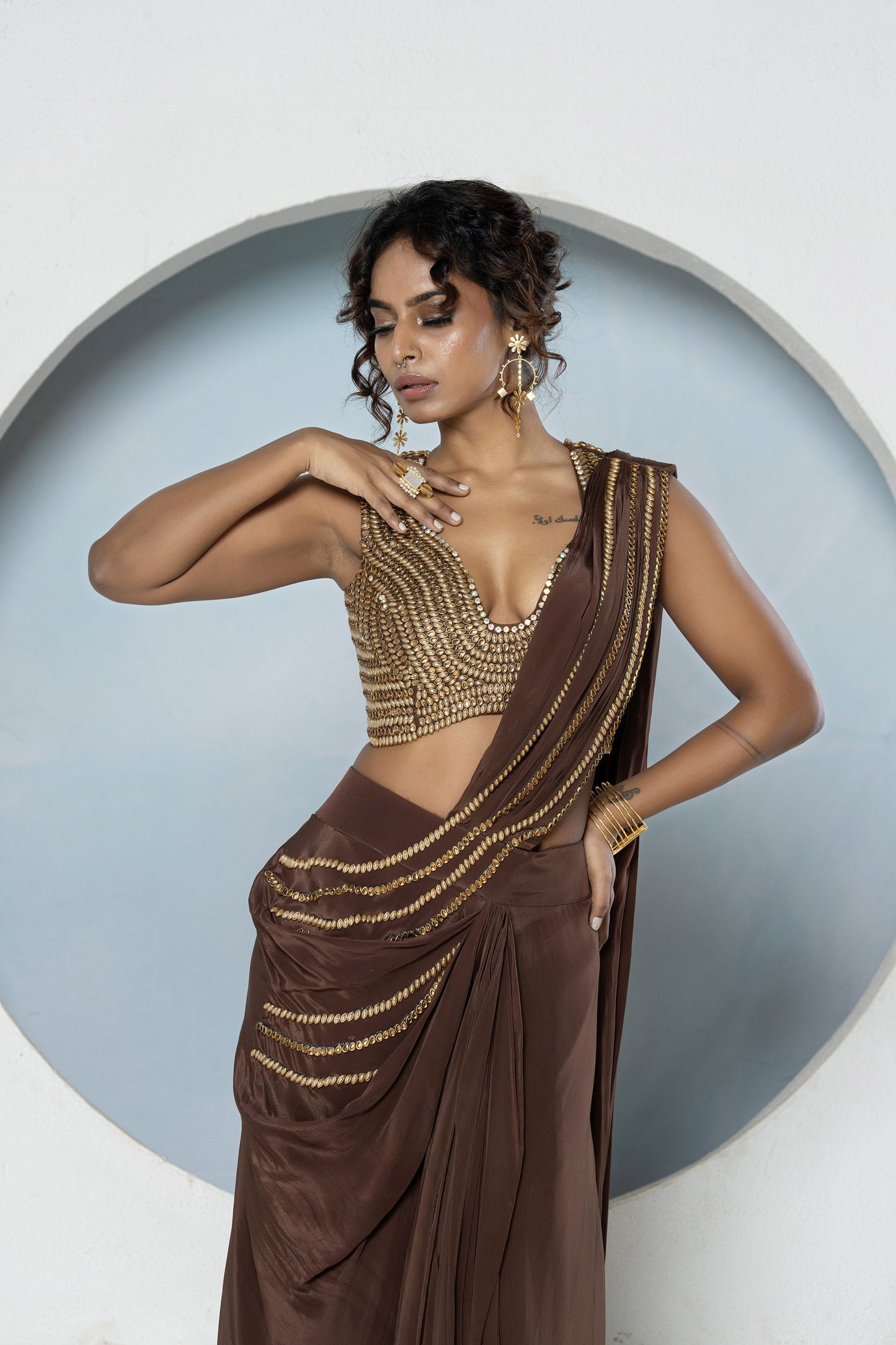 Brown Crepe Kundan Cocktail Saree
