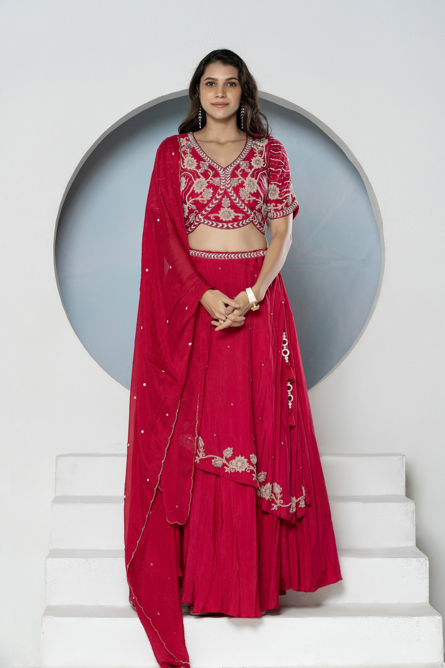 Rani Pink Layered Dola Silk Bridesmaid Lehenga Set