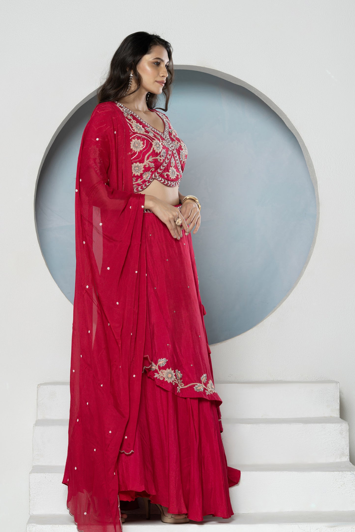 Rani Pink Layered Dola Silk Bridesmaid Lehenga Set
