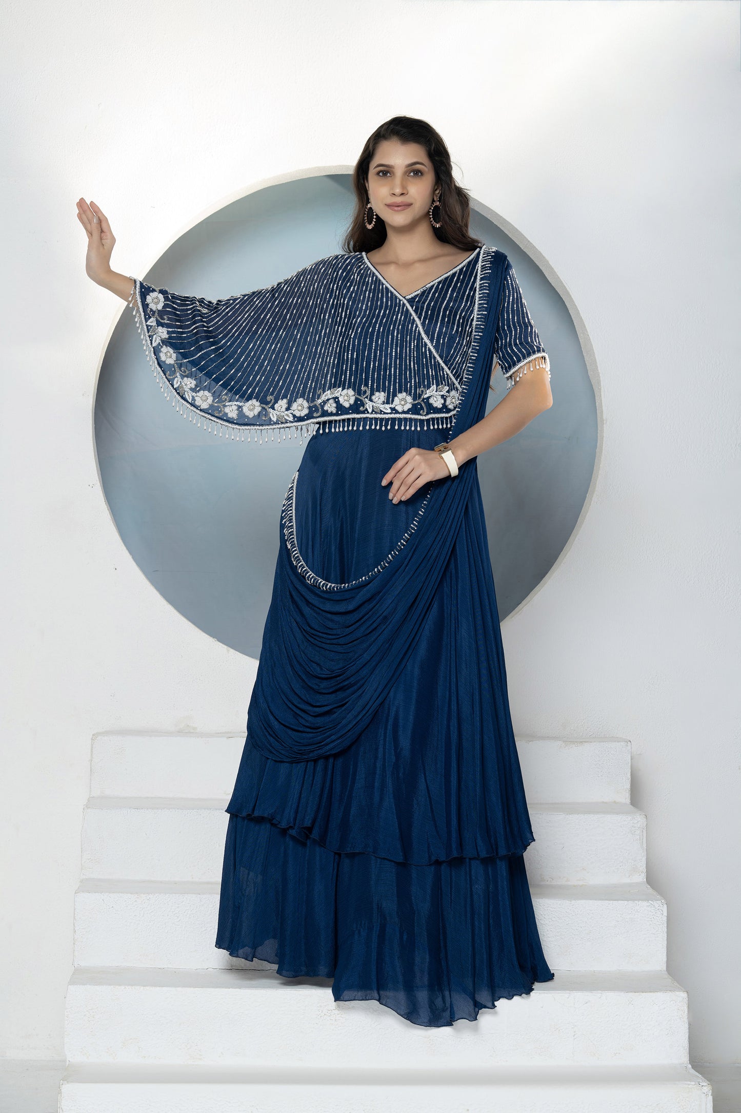 Royal Blue Chinnon Cutdana Gown