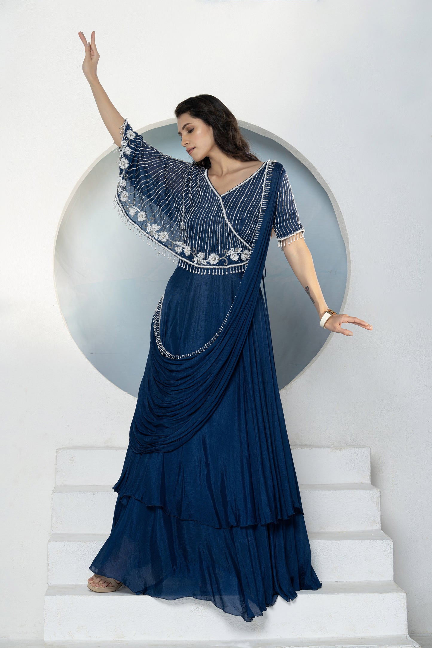 Royal Blue Chinnon Cutdana Gown