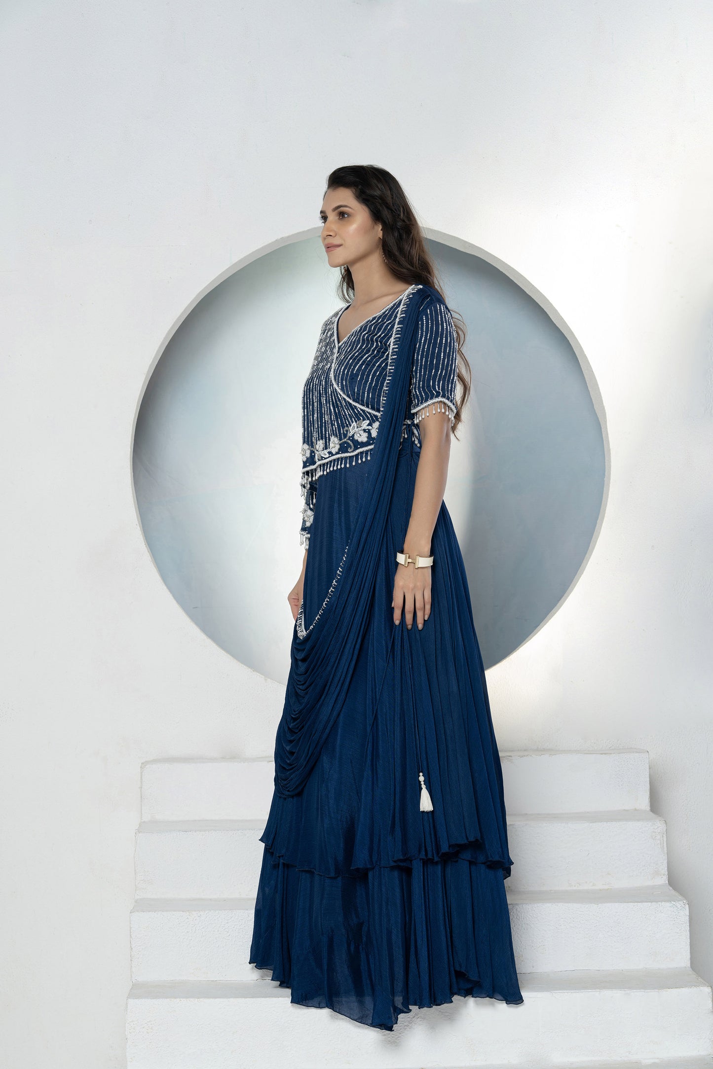 Royal Blue Chinnon Cutdana Gown
