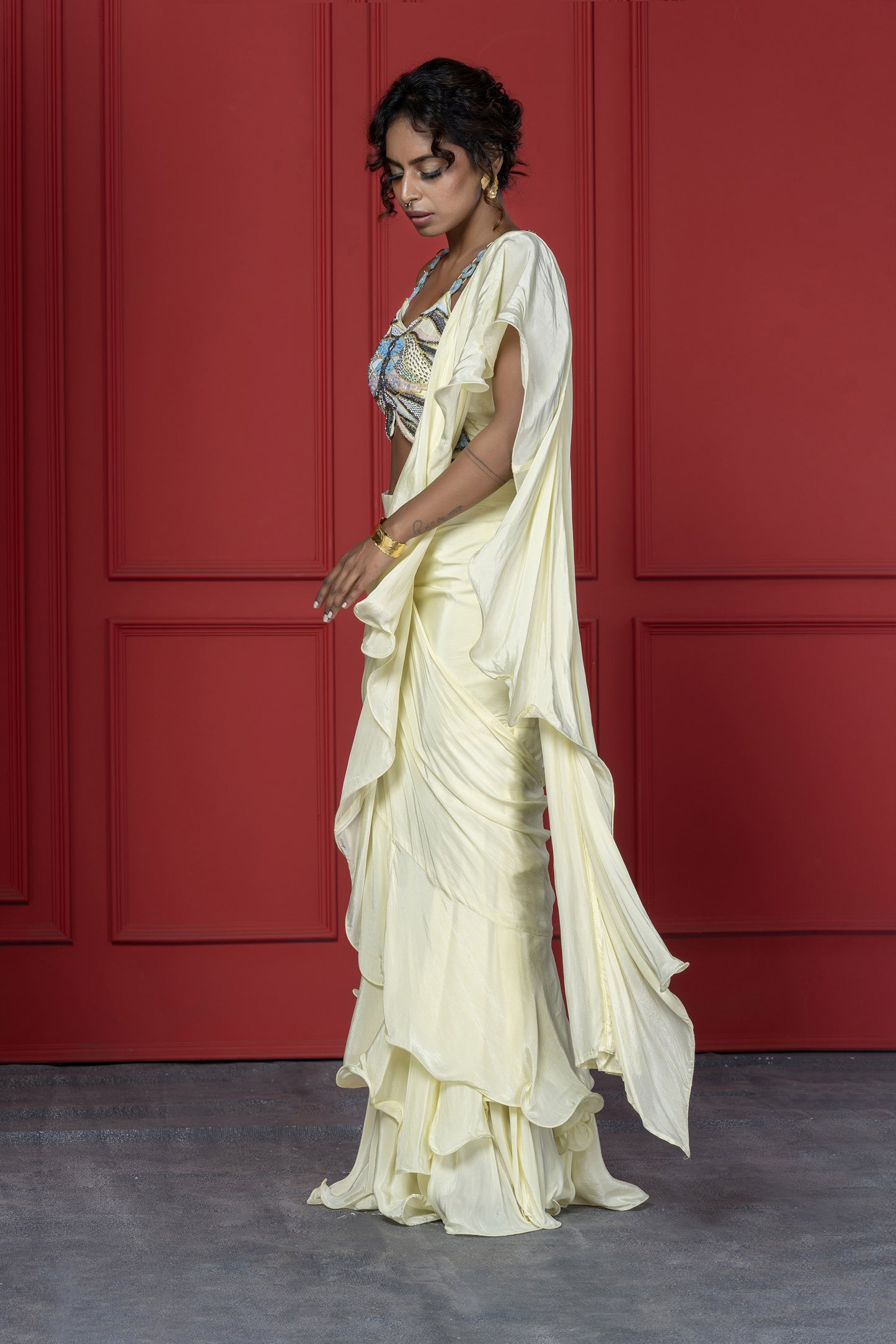 Yellow Crepe Butterfly motif Saree