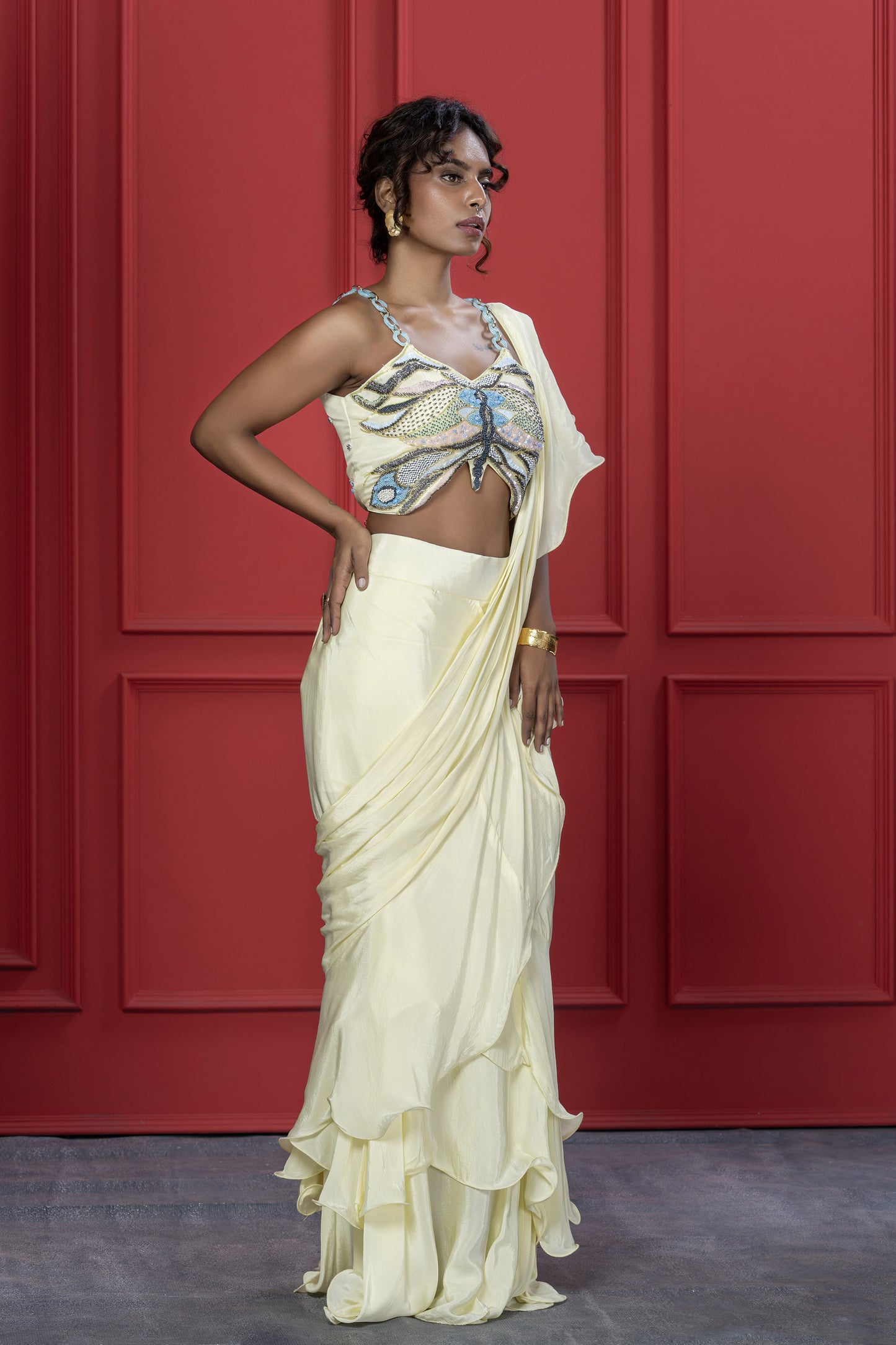 Yellow Crepe Butterfly motif Saree