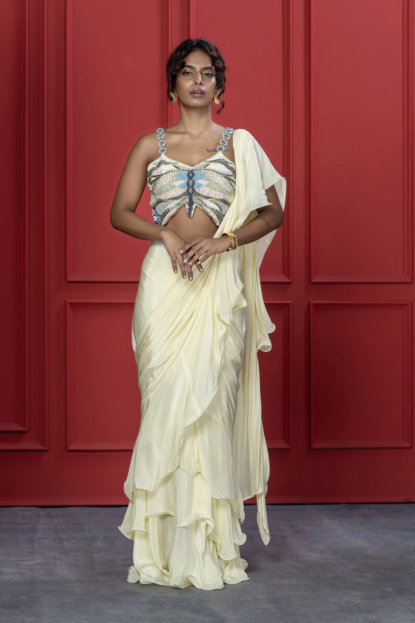 Yellow Crepe Butterfly motif Saree