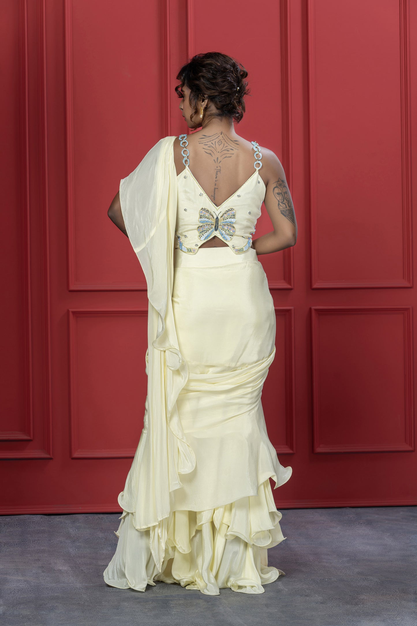 Yellow Crepe Butterfly motif Saree