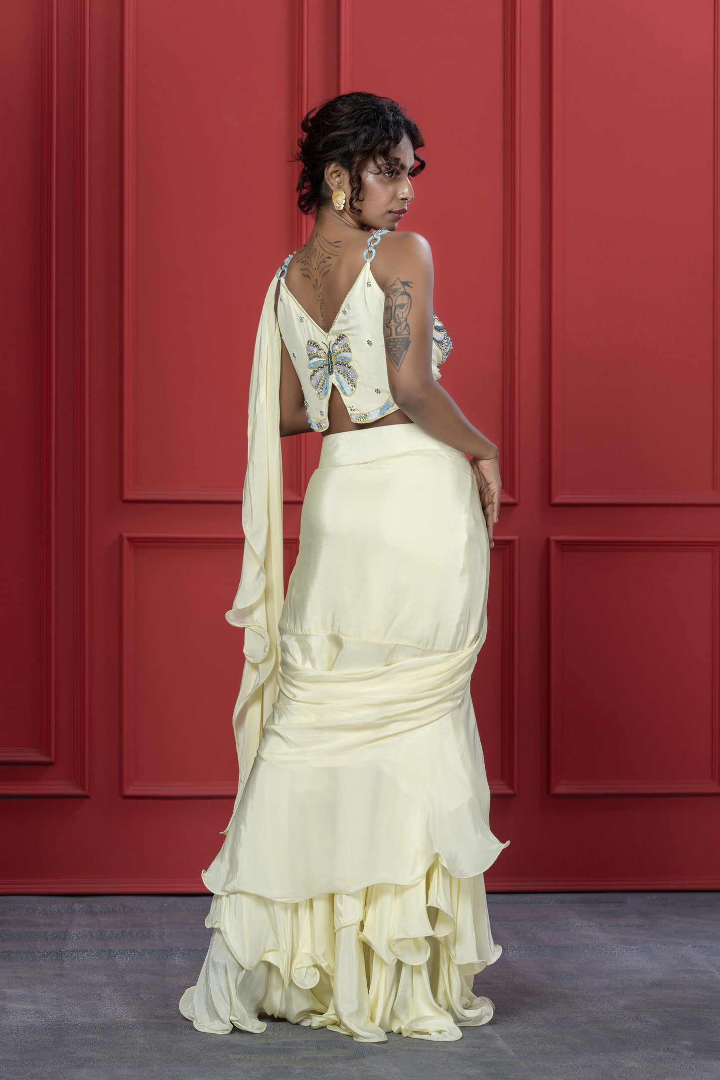 Yellow Crepe Butterfly motif Saree