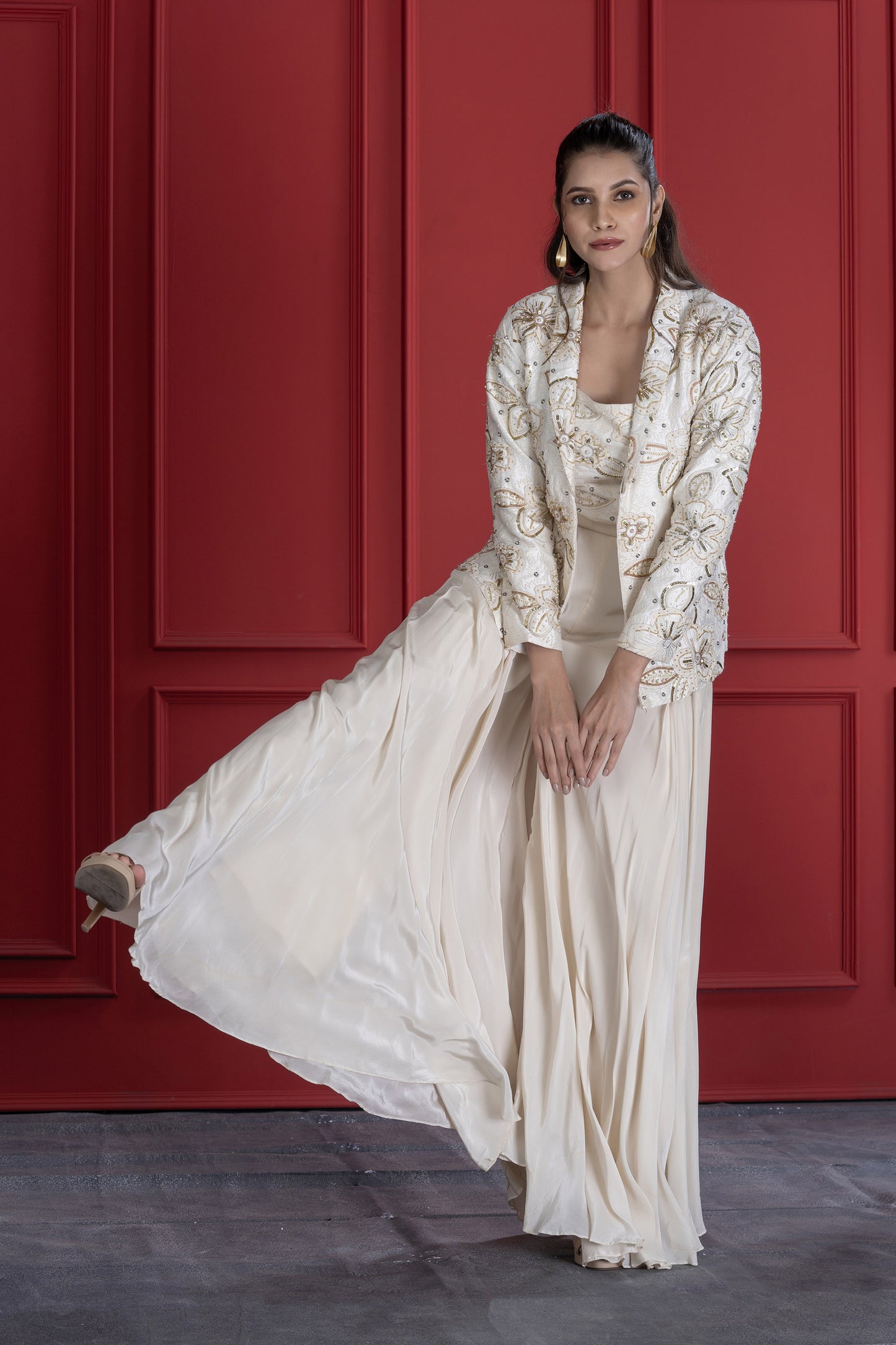Off white Crepe Textured Embroidered Blazer Set