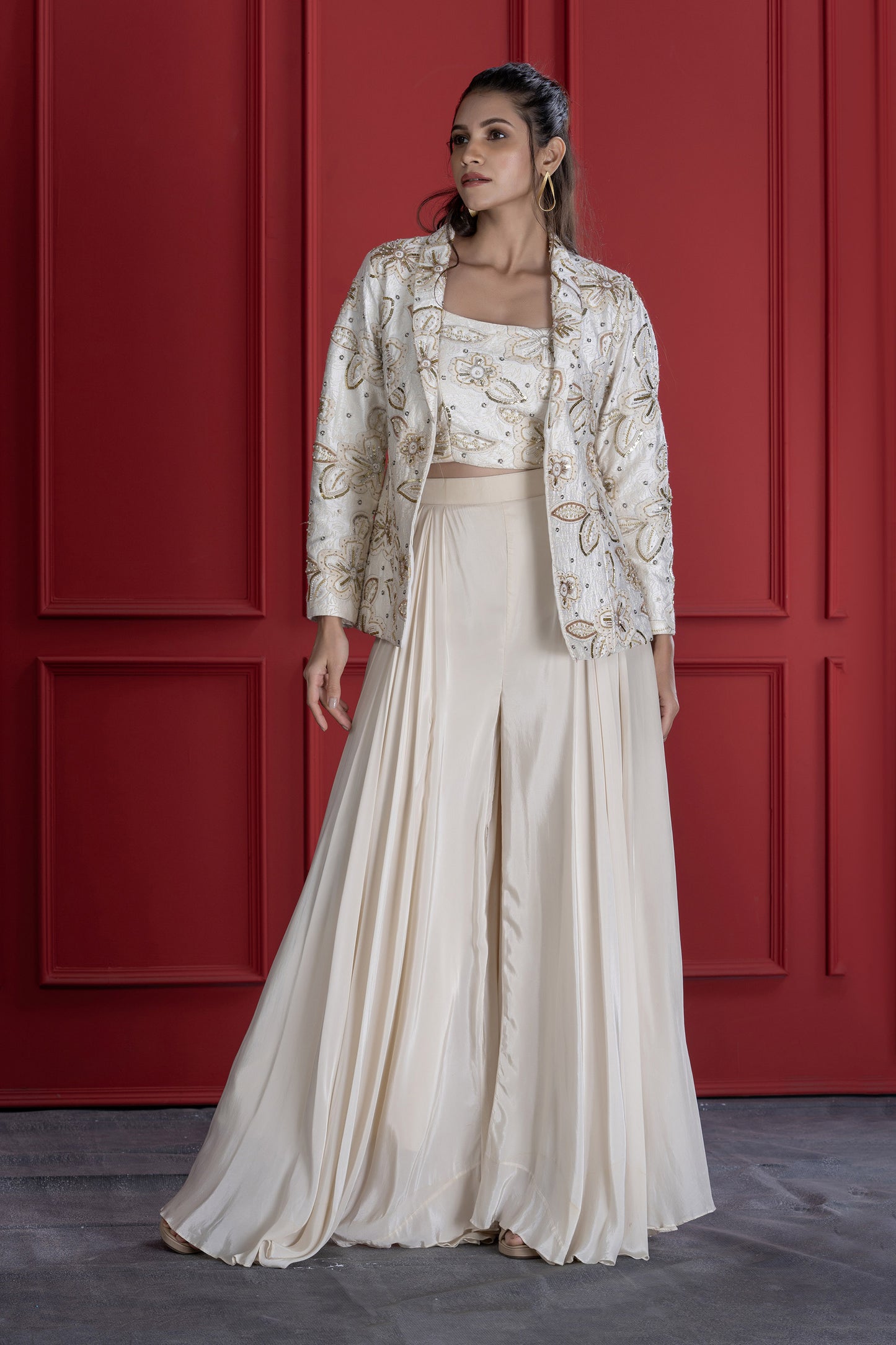 Off white Crepe Textured Embroidered Blazer Set