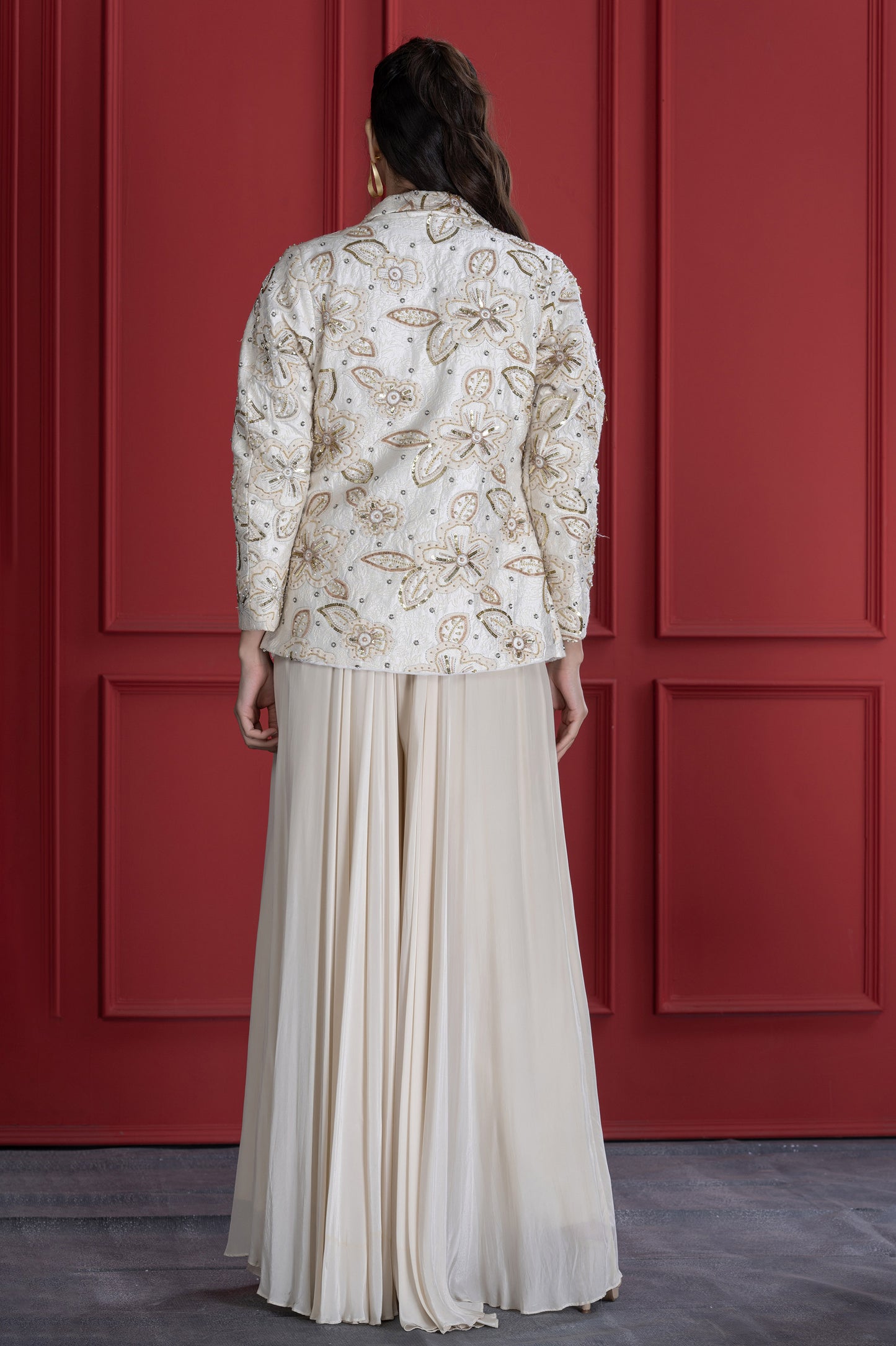 Off white Crepe Textured Embroidered Blazer Set