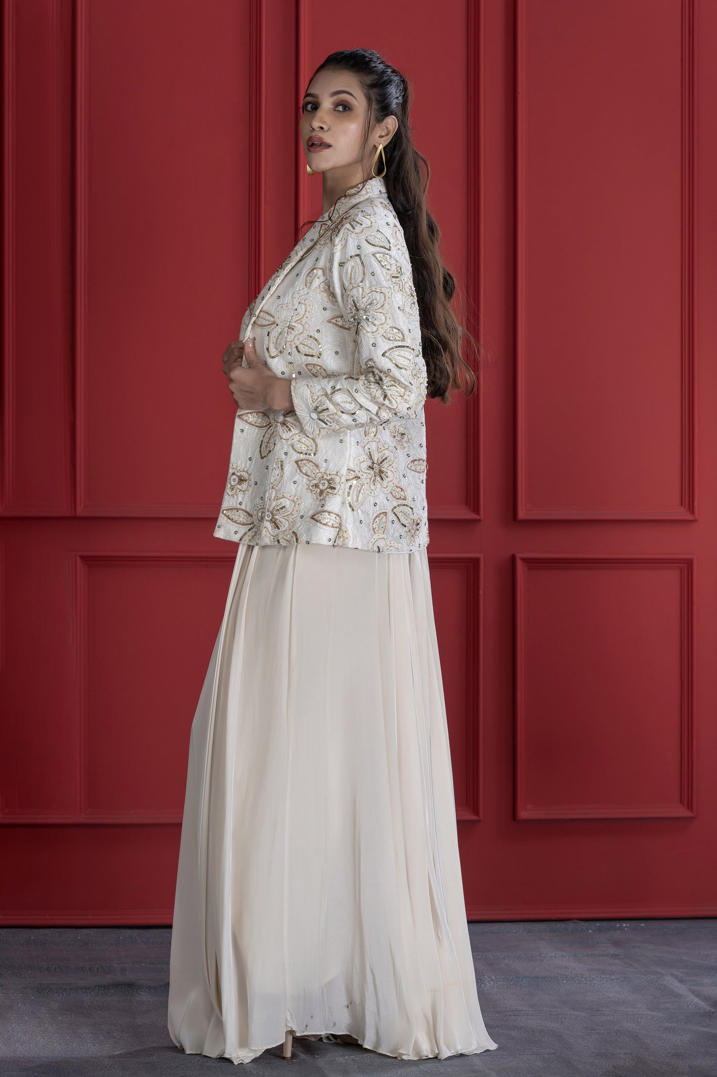 Off white Crepe Textured Embroidered Blazer Set