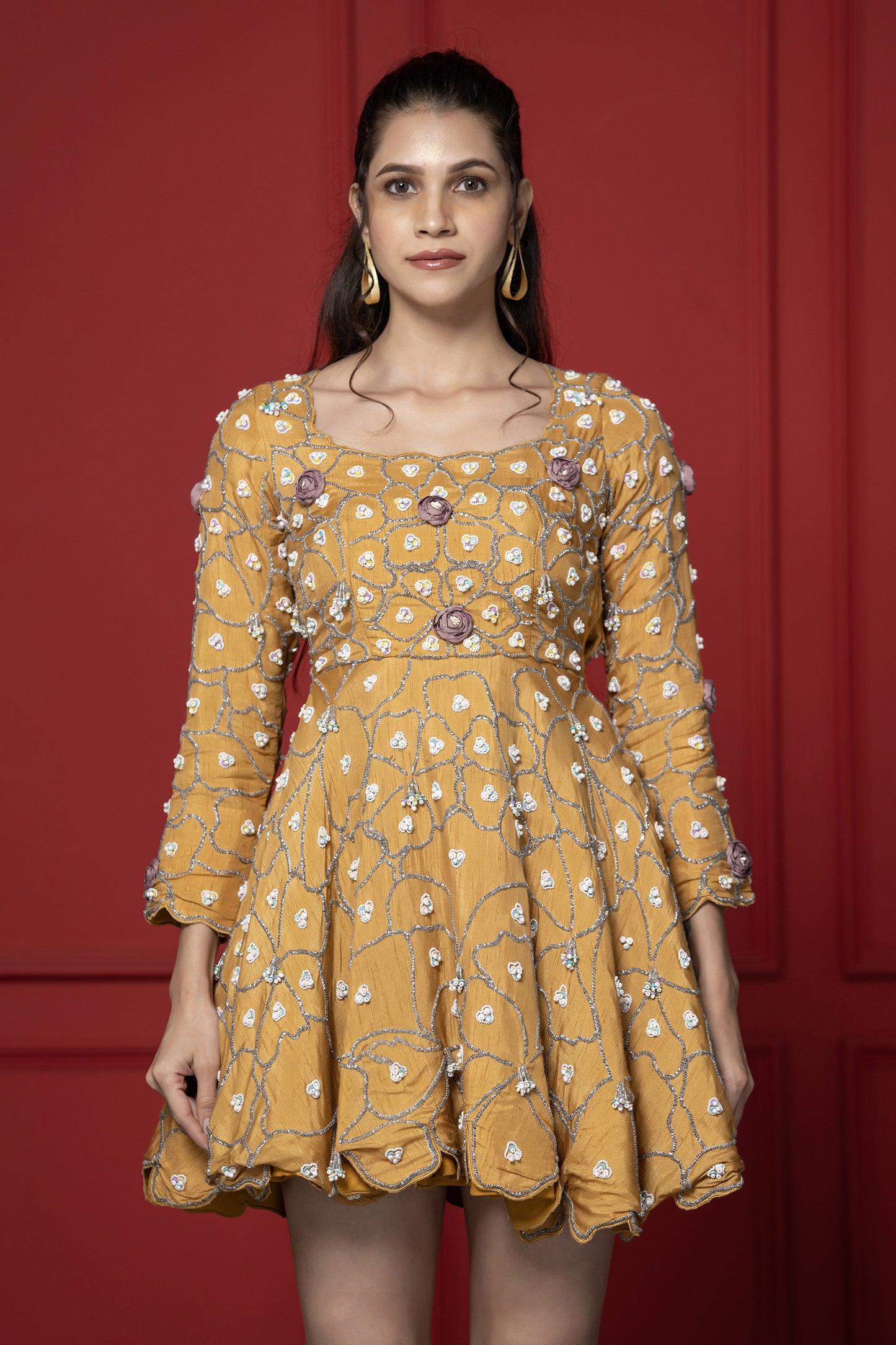 Mustard Dola Silk Embroidered Frock