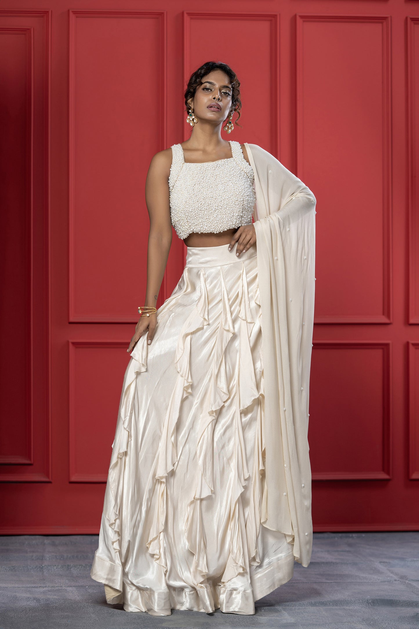 Ivory Ruffle Gaji Silk Pearl Lehenga