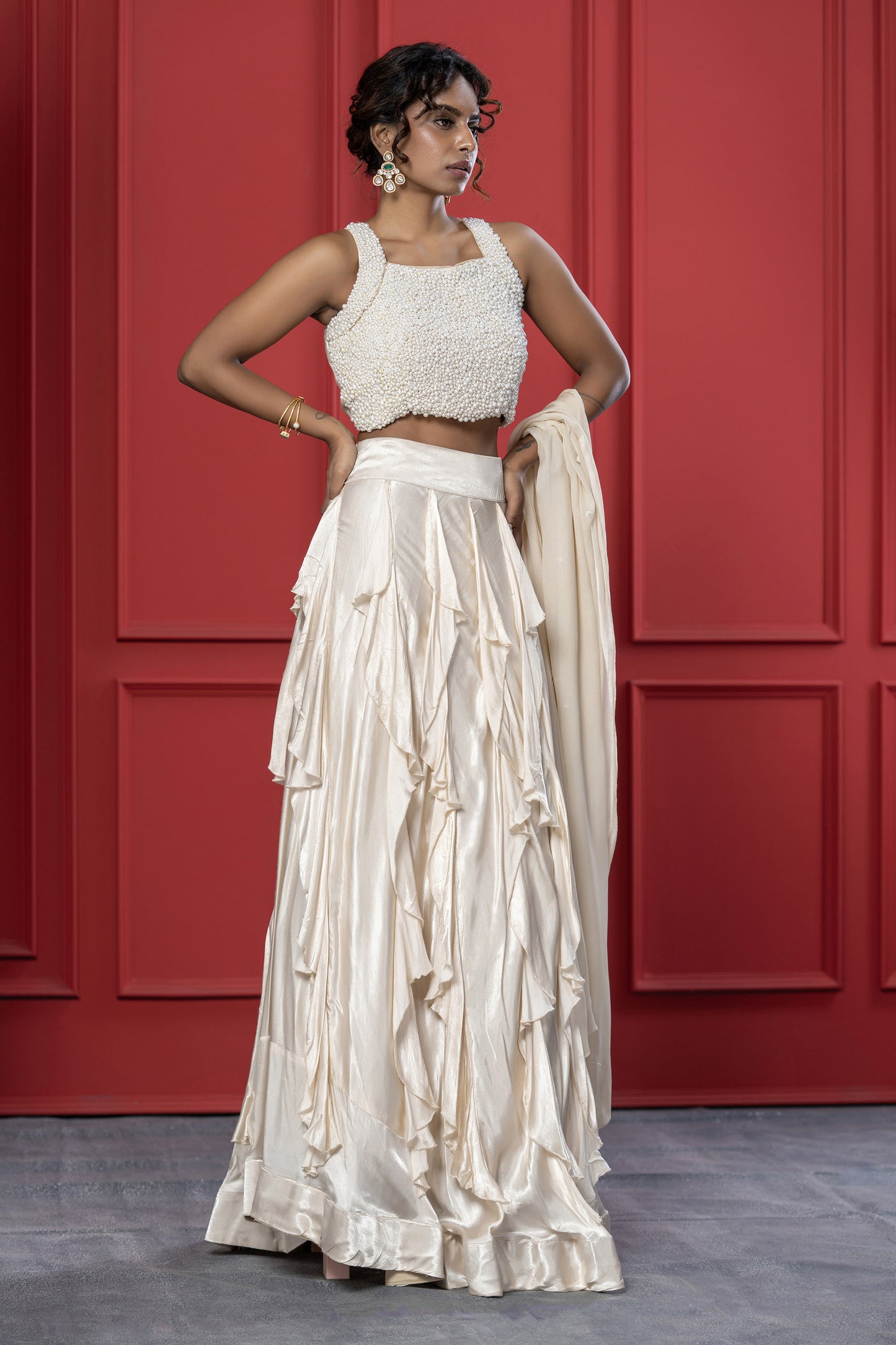 Ivory Ruffle Gaji Silk Pearl Lehenga