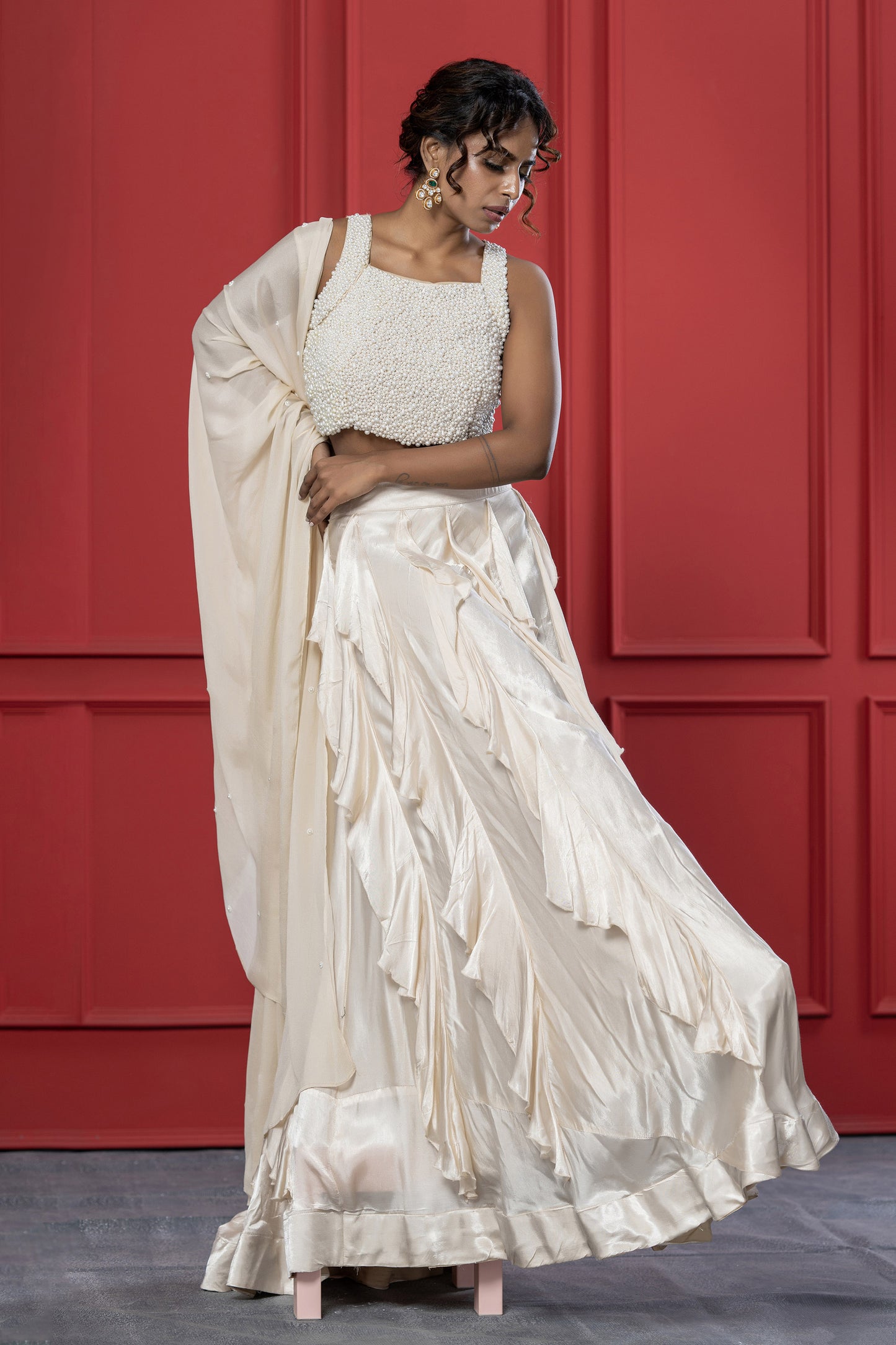 Ivory Ruffle Gaji Silk Pearl Lehenga