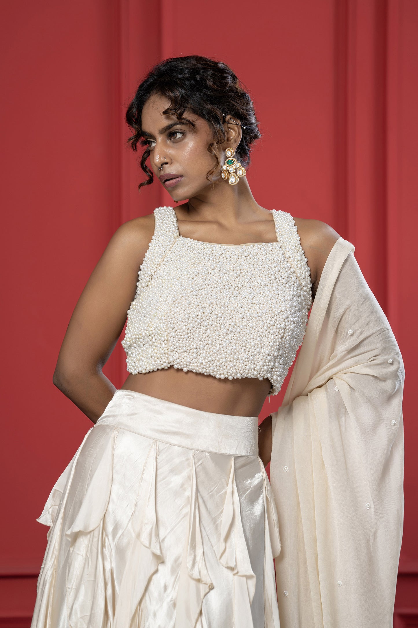 Ivory Ruffle Gaji Silk Pearl Lehenga
