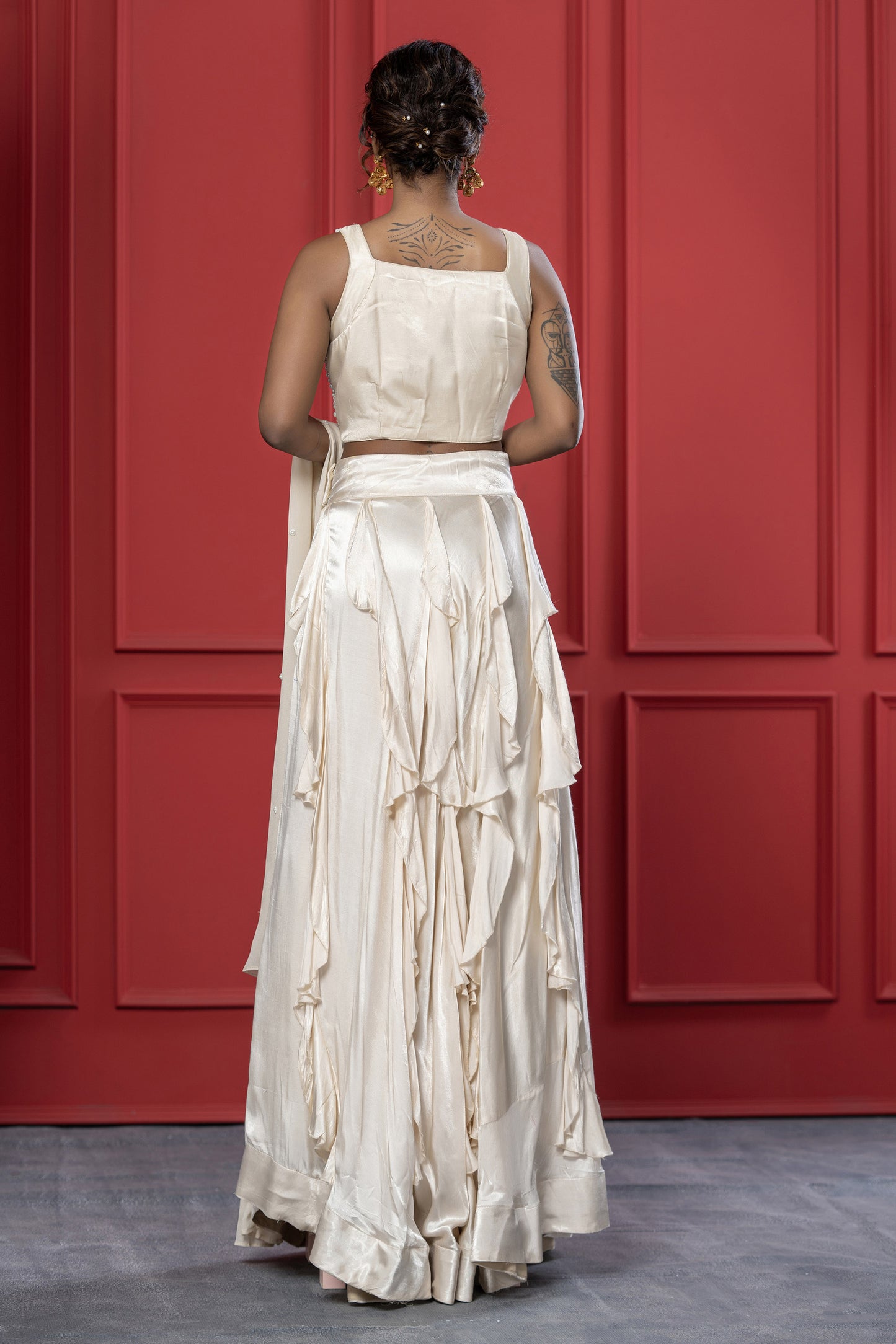 Ivory Ruffle Gaji Silk Pearl Lehenga