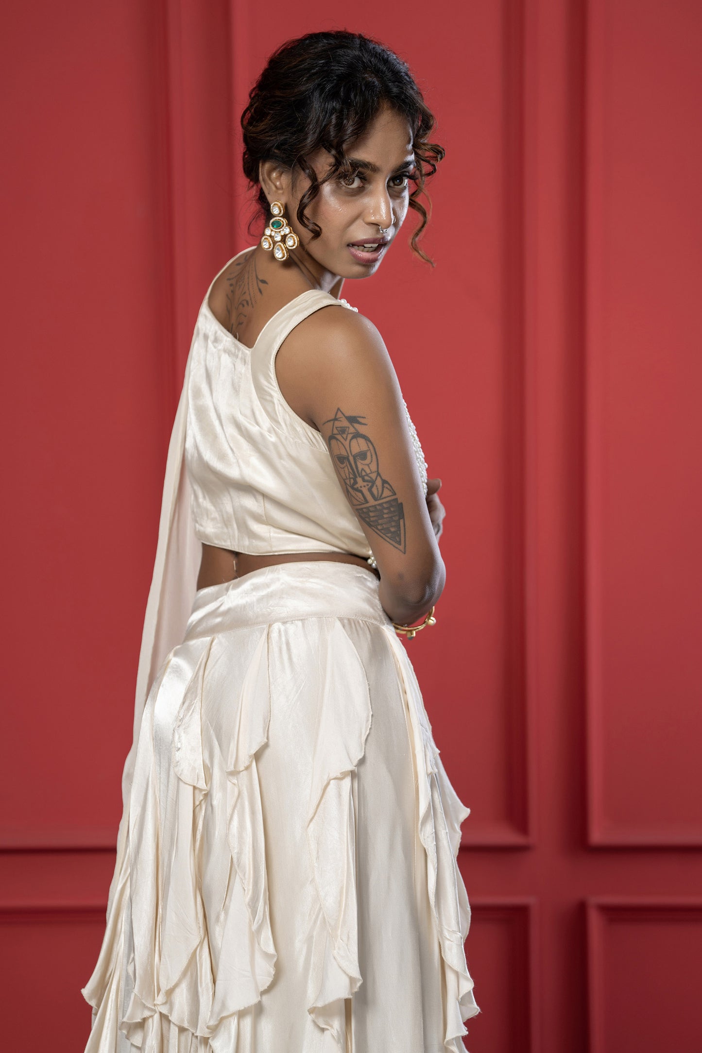 Ivory Ruffle Gaji Silk Pearl Lehenga