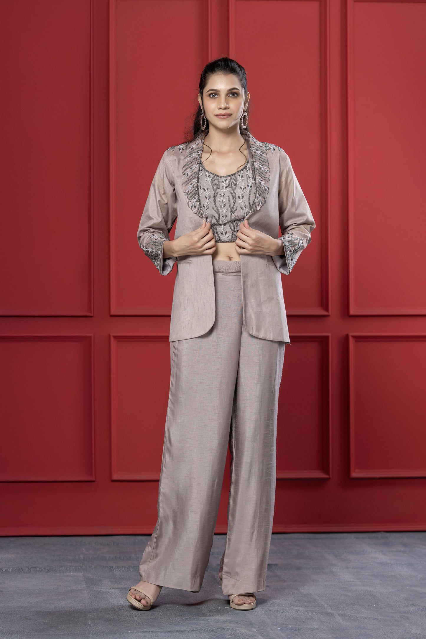 Monochrome Mauve Dola Silk cutdana Blazer Set