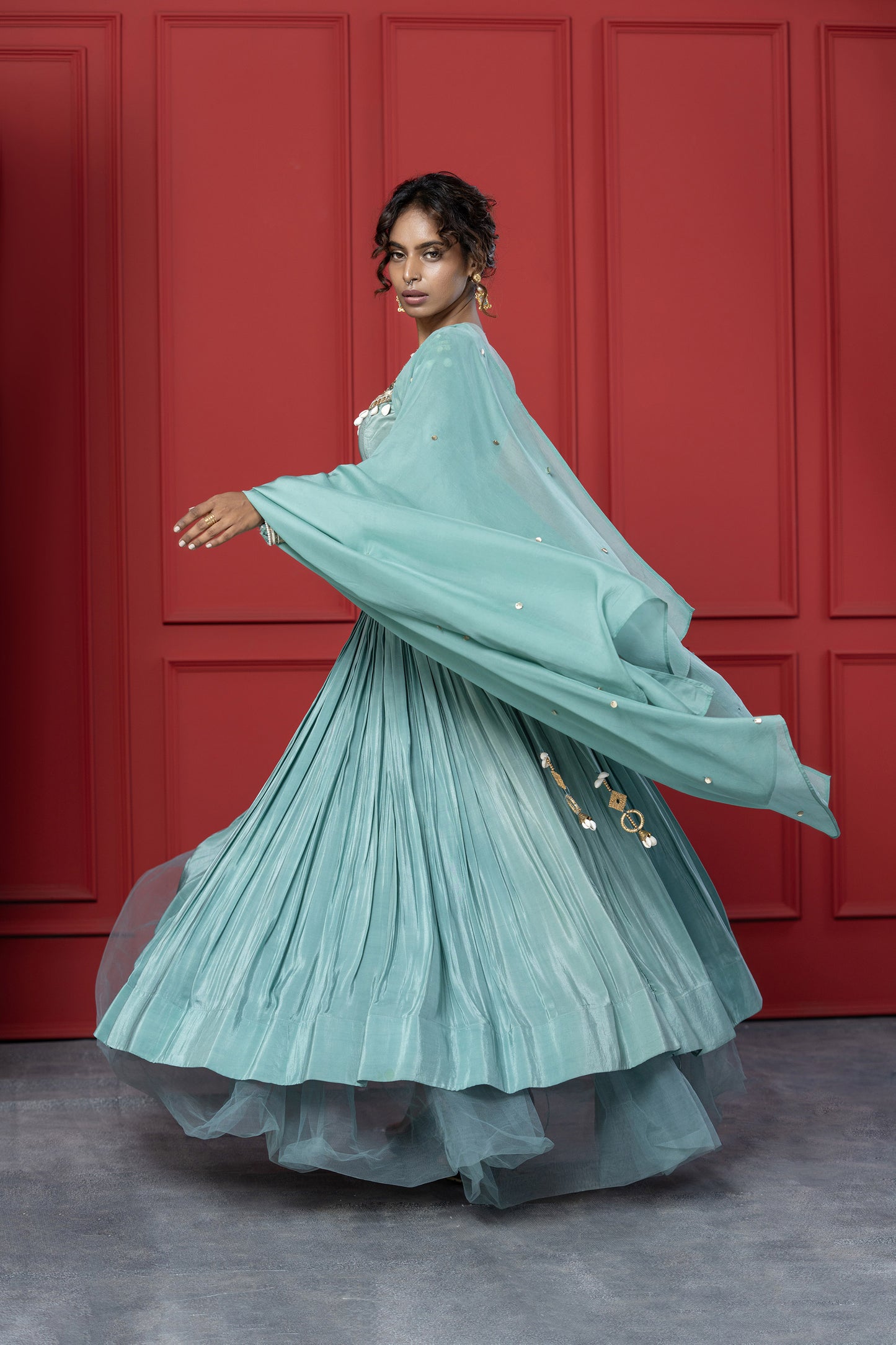 Sea Green Crepe Shell work Lehenga Set