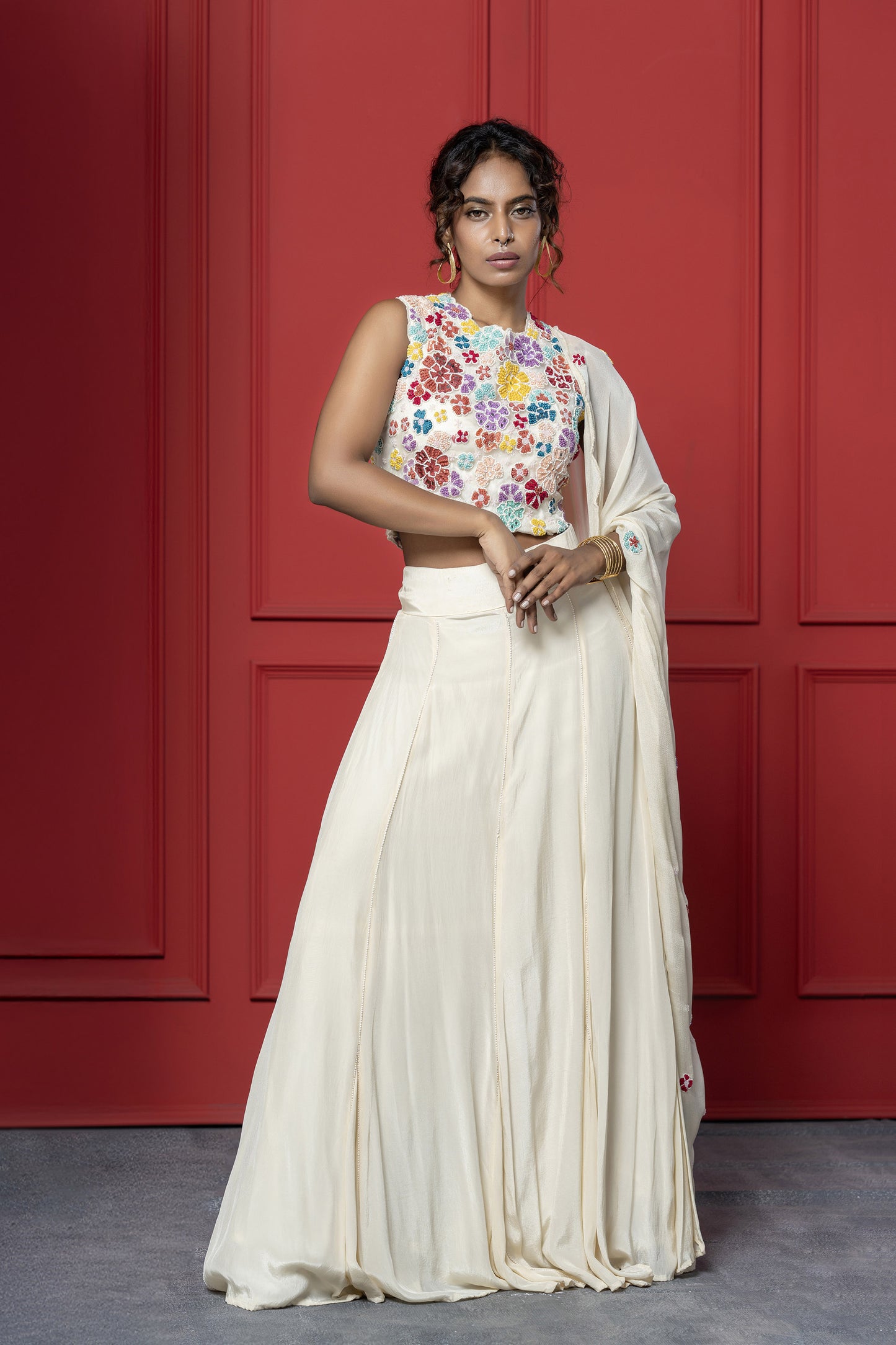 Off white  Crepe French knot Floral Lehenga