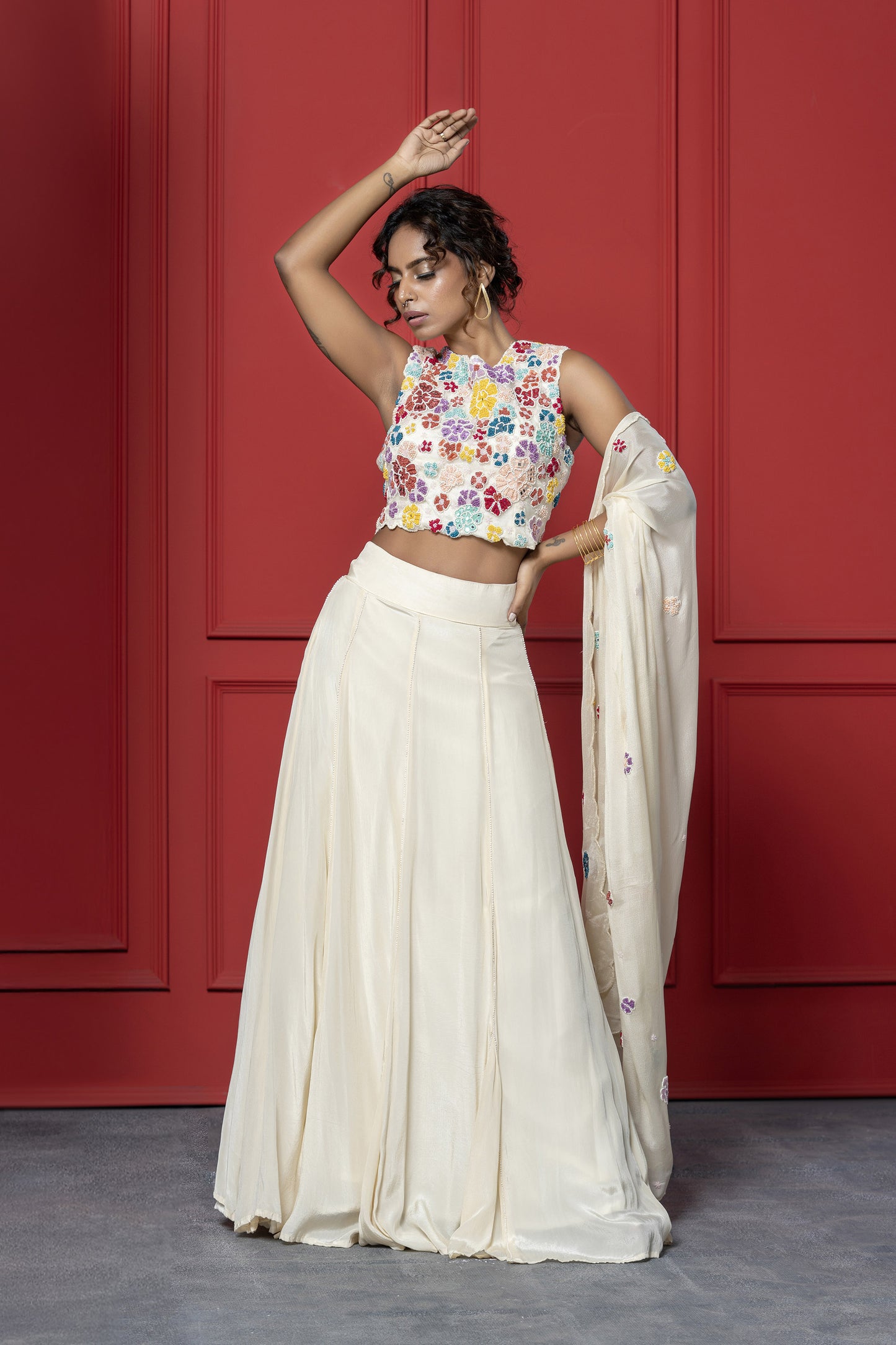 Off white  Crepe French knot Floral Lehenga