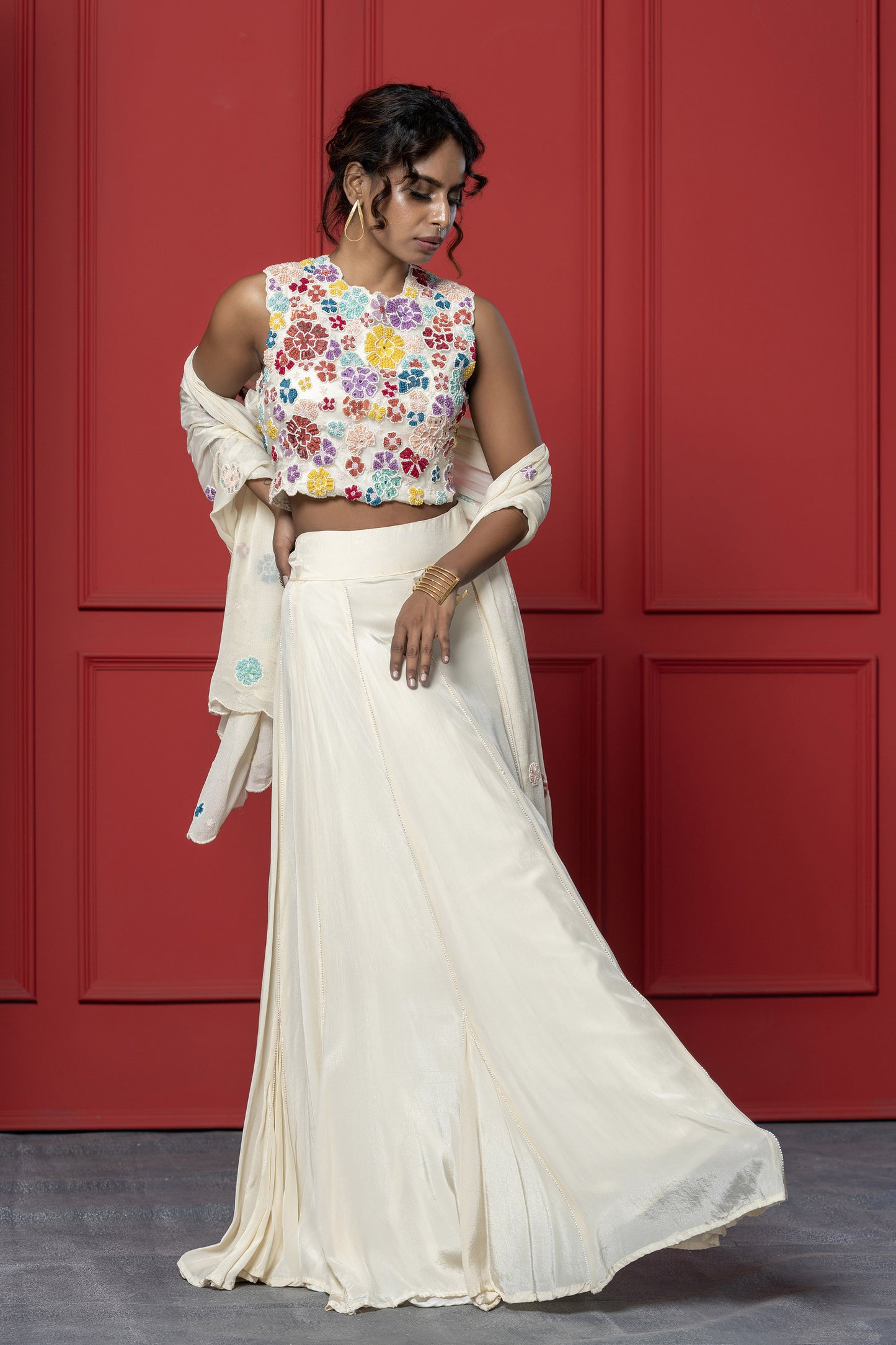 Off white  Crepe French knot Floral Lehenga