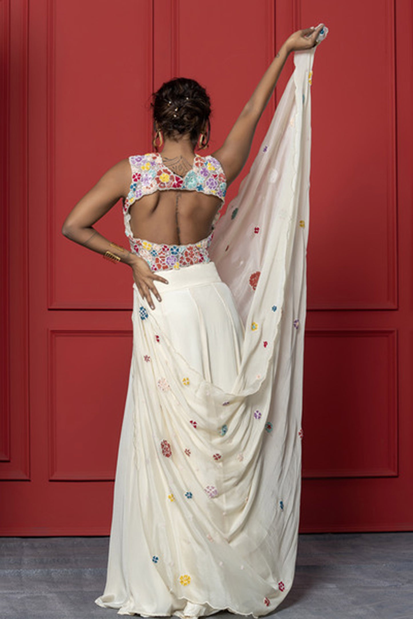 Off white  Crepe French knot Floral Lehenga