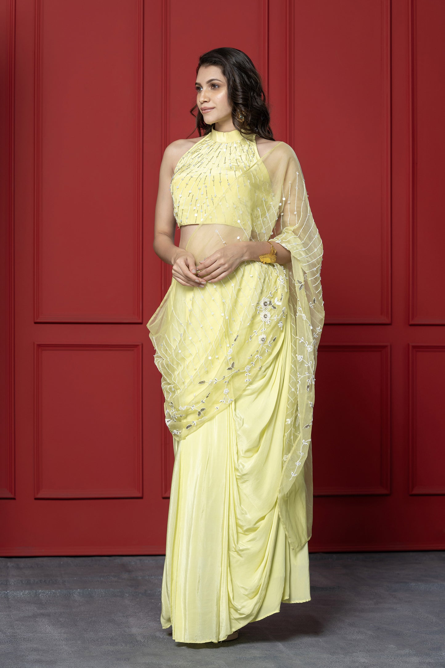 Neon Halter Crepe Drape Saree
