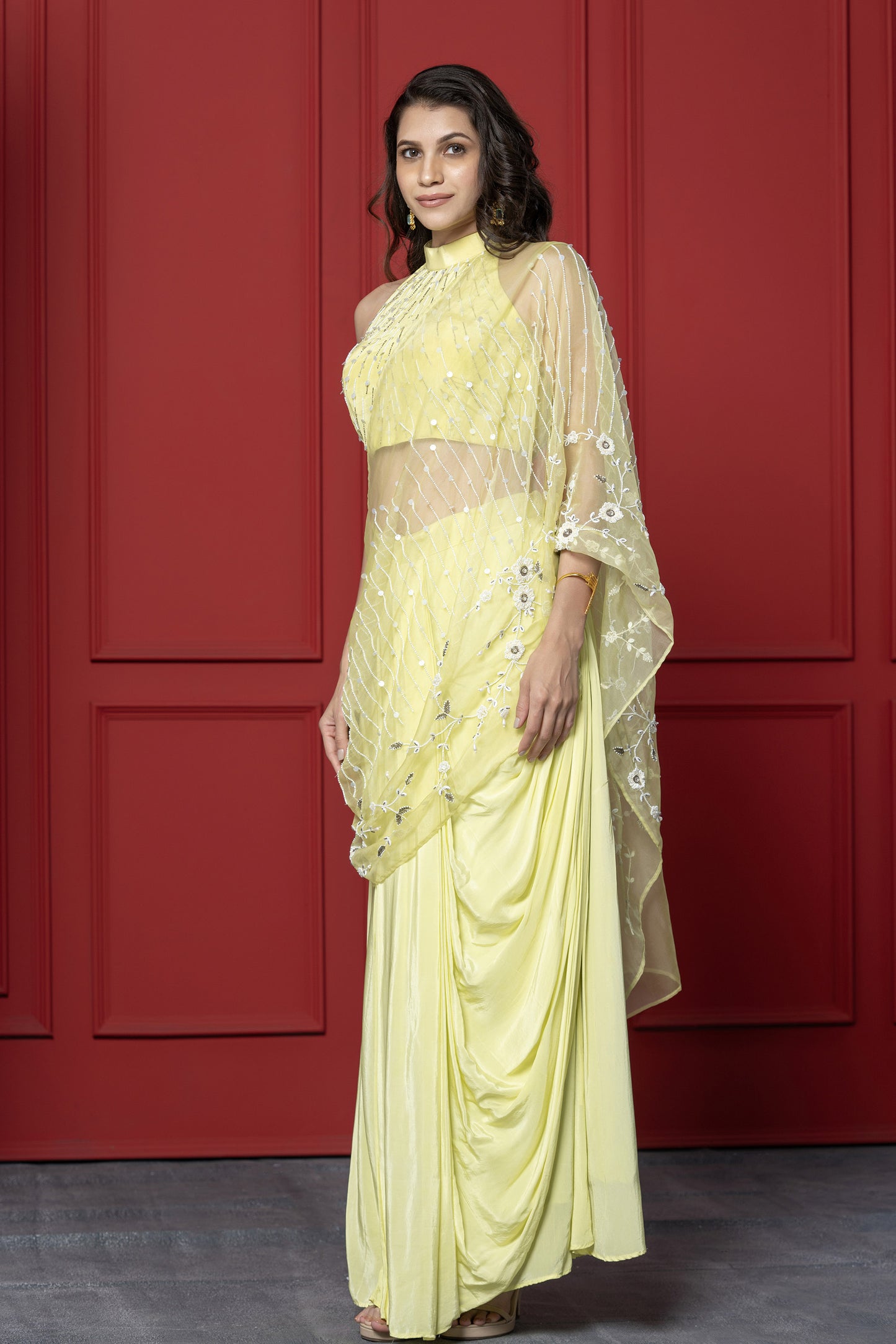 Neon Halter Crepe Drape Saree