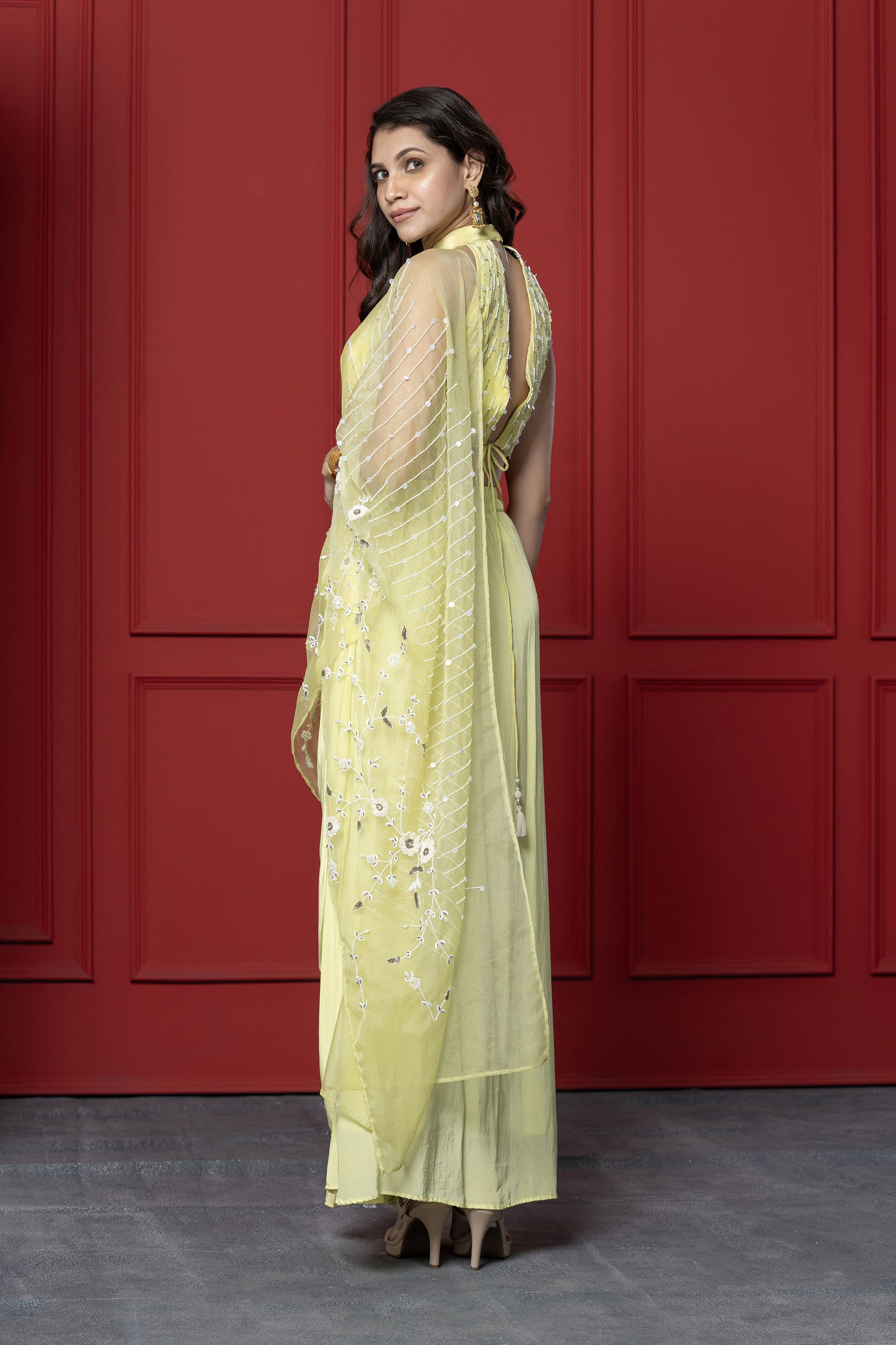 Neon Halter Crepe Drape Saree