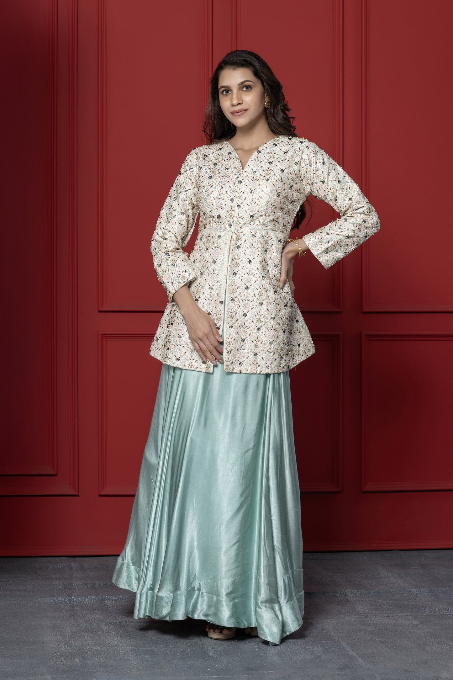 Shiny off white Gaji Silk Peplum Set