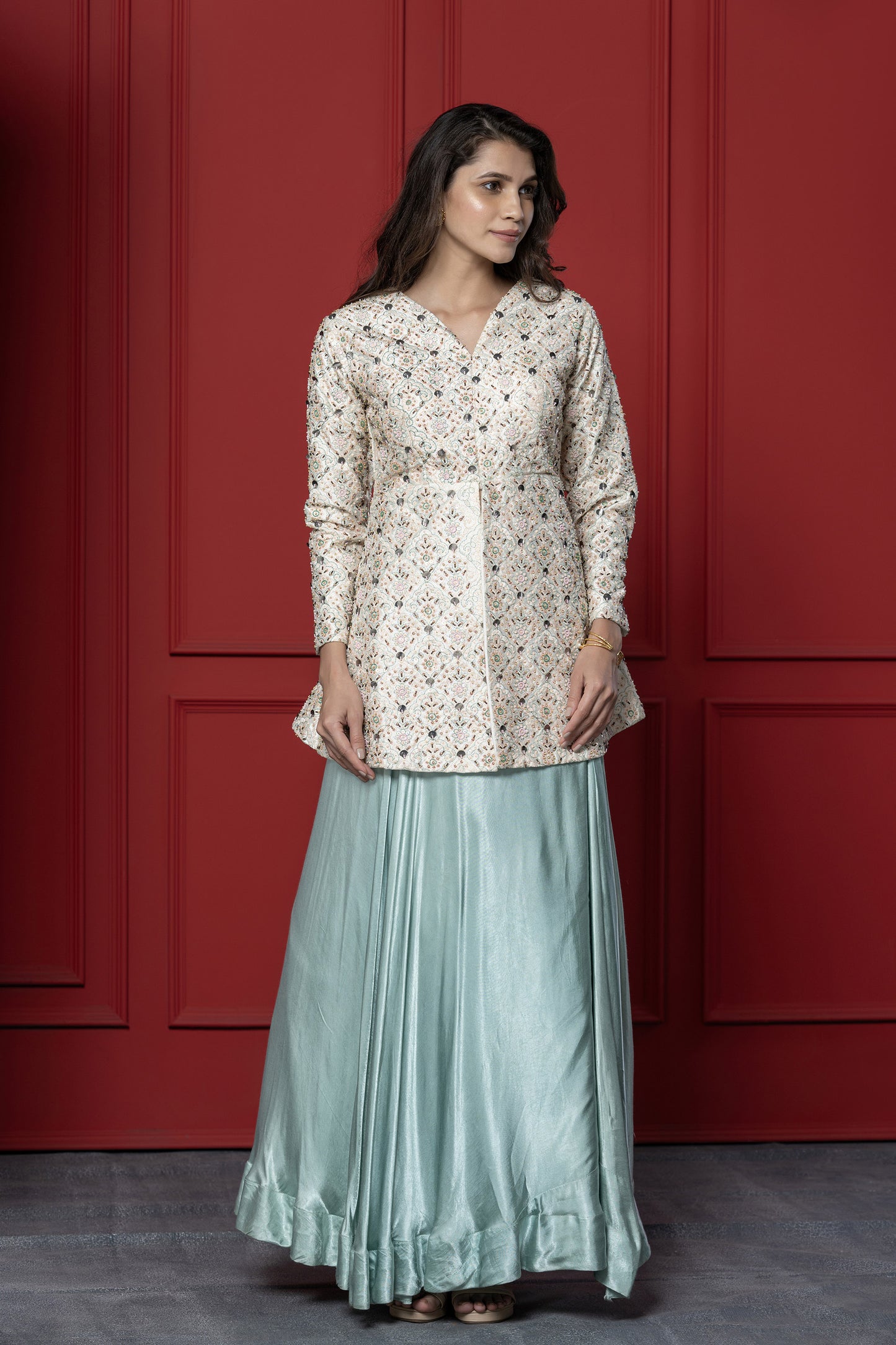 Shiny off white Gaji Silk Peplum Set