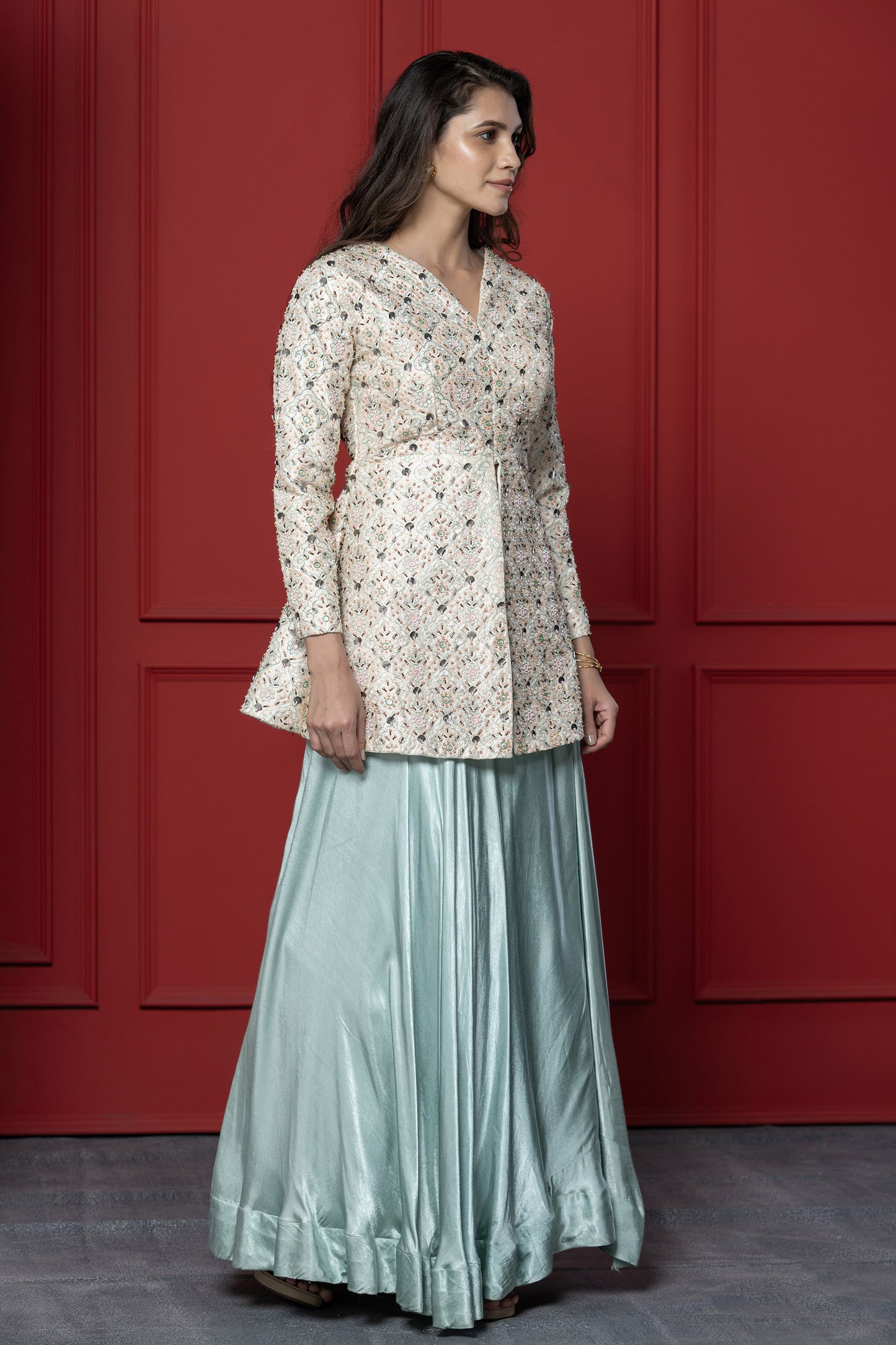 Shiny off white Gaji Silk Peplum Set