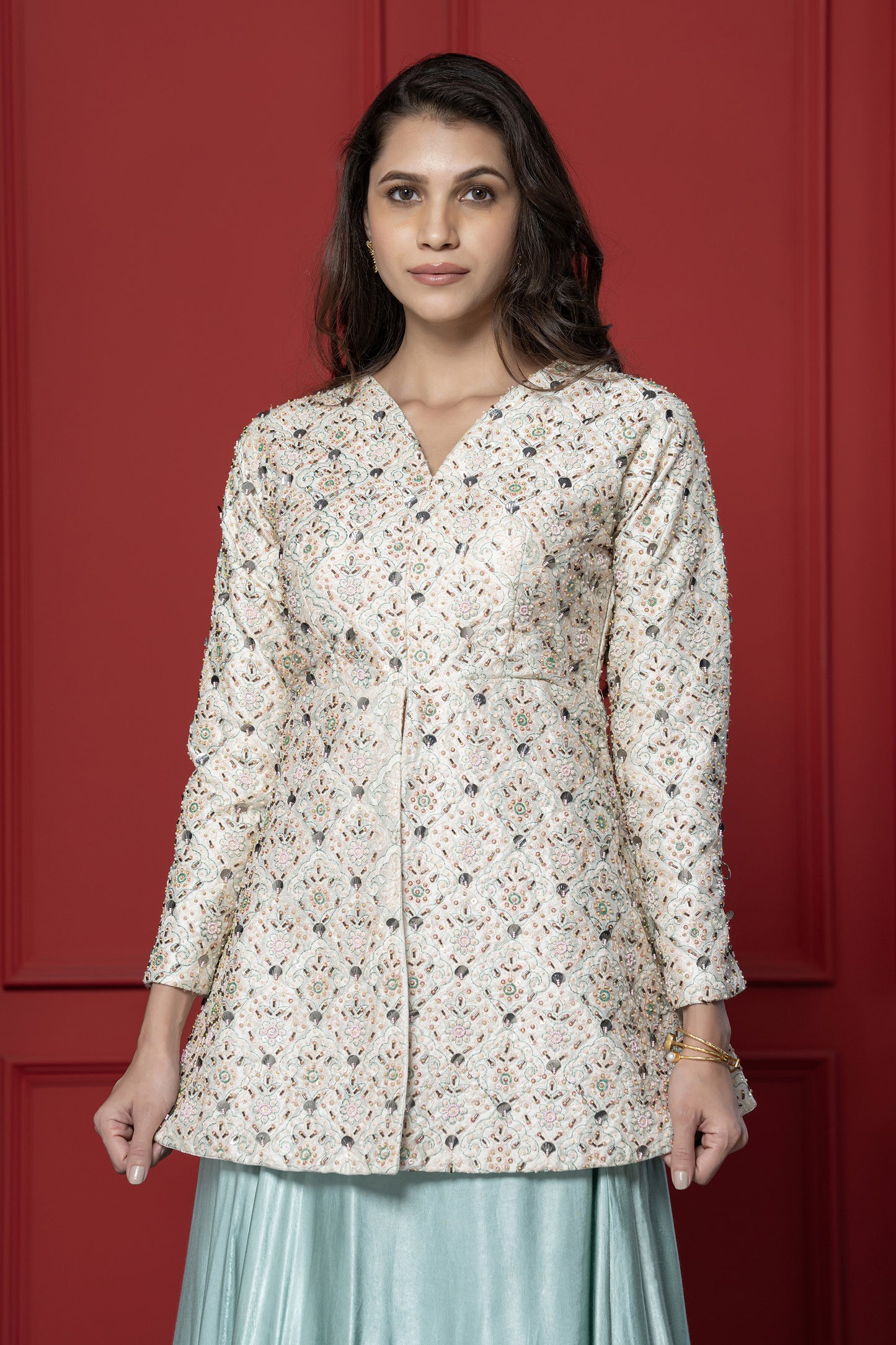 Shiny off white Gaji Silk Peplum Set