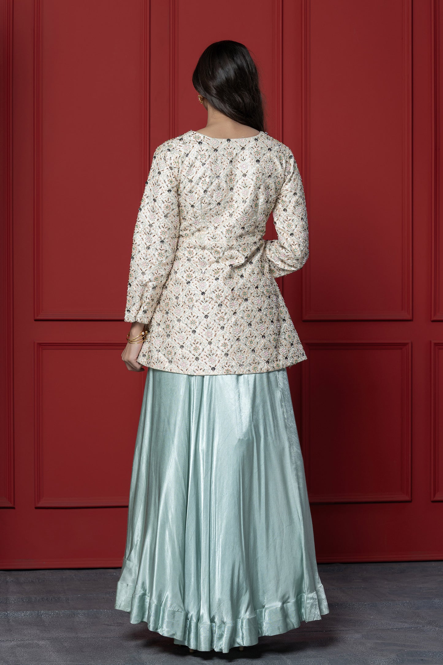 Shiny off white Gaji Silk Peplum Set