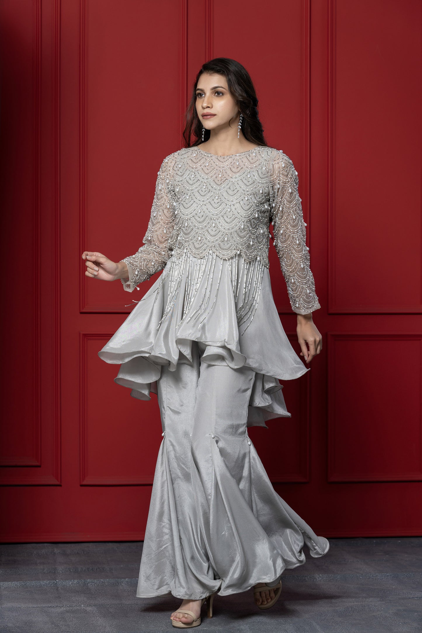 Grey Upada silk 3-Piece peplum Set