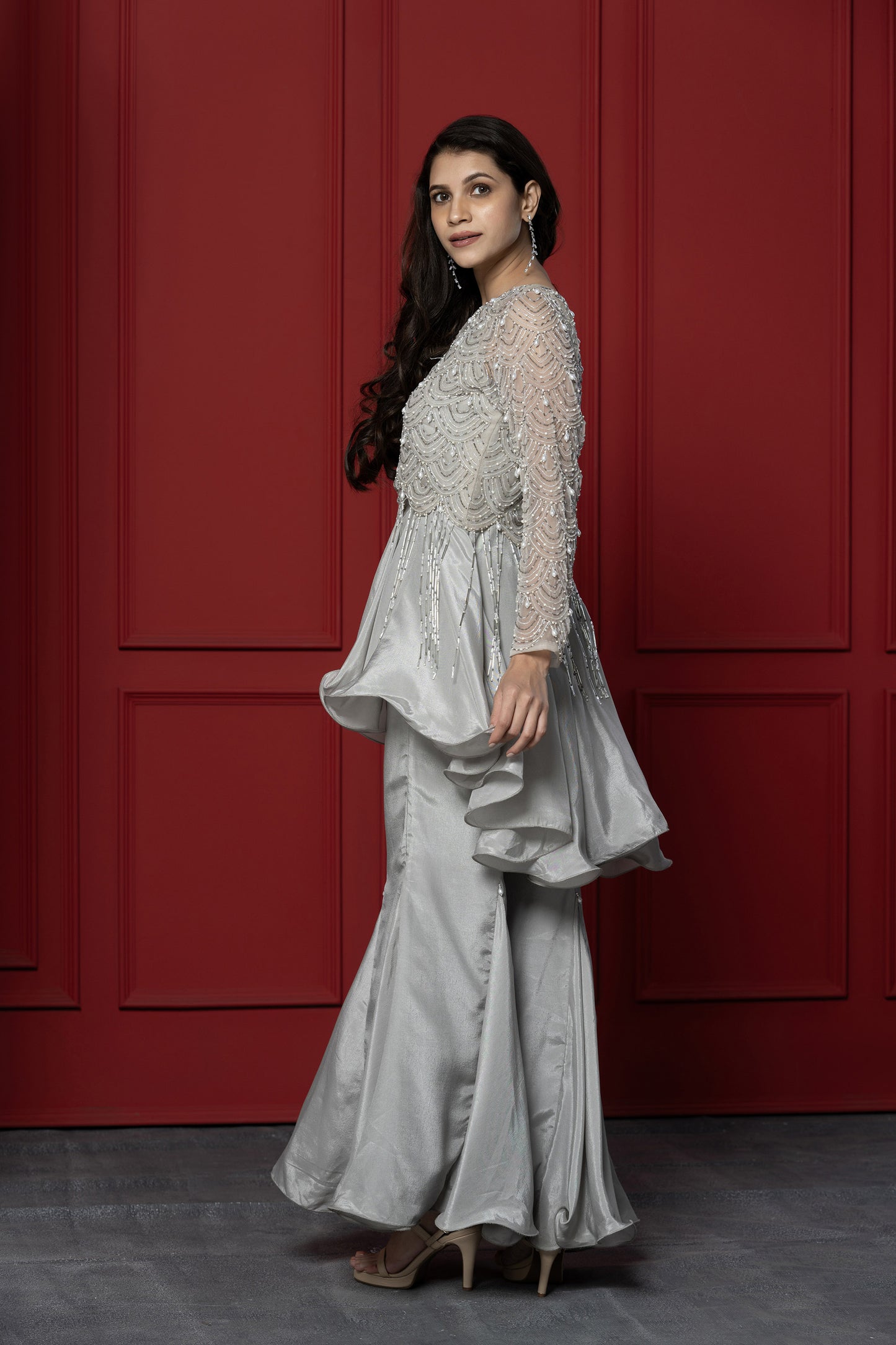 Grey Upada silk 3-Piece peplum Set