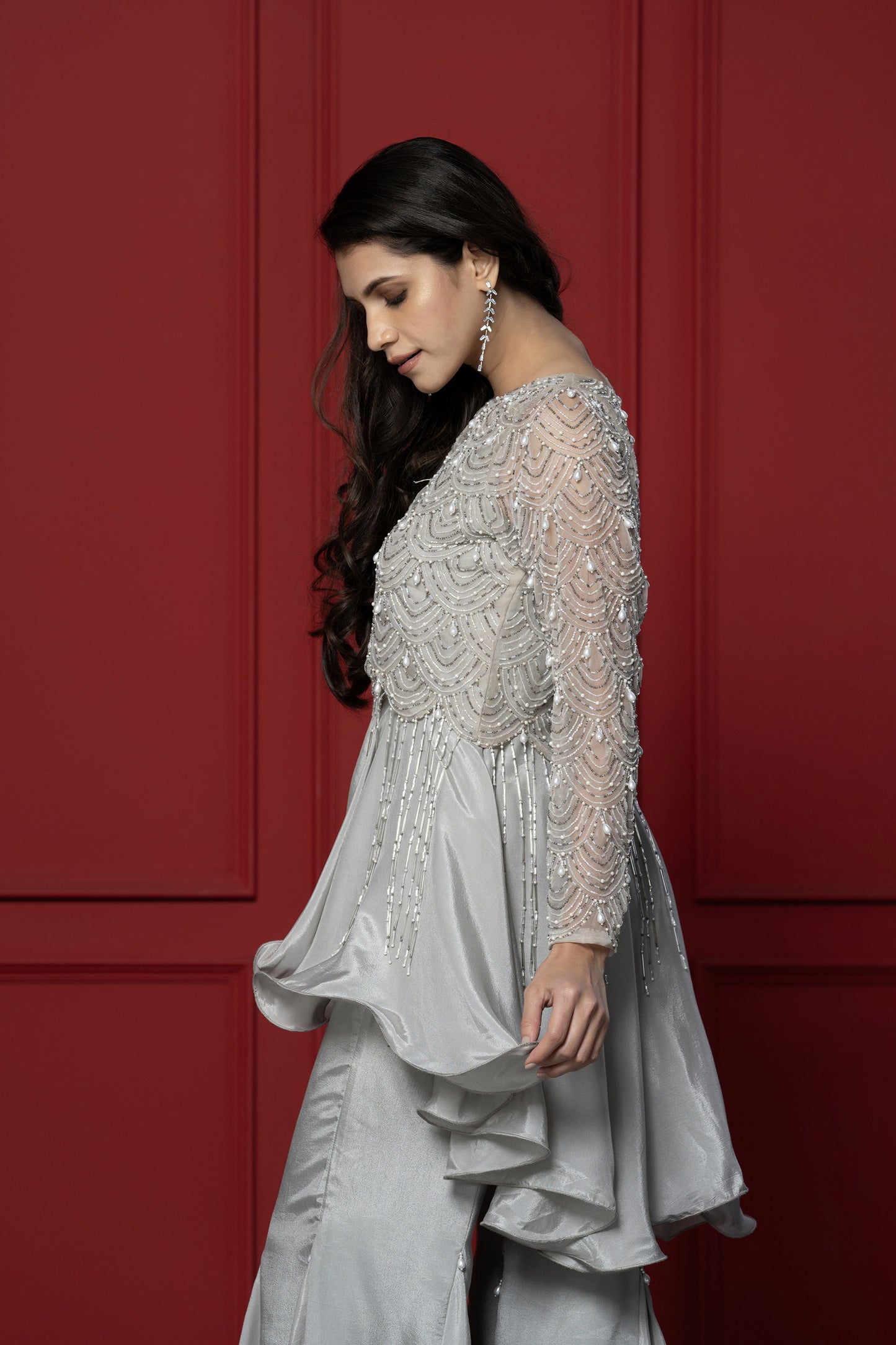 Grey Upada silk 3-Piece peplum Set