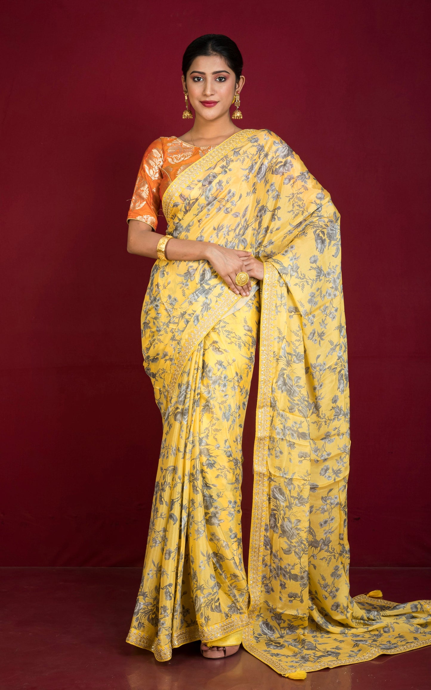 Designer Chinon Crepe Silk Zardozi Saree in Banana Yellow, Off White and Grey