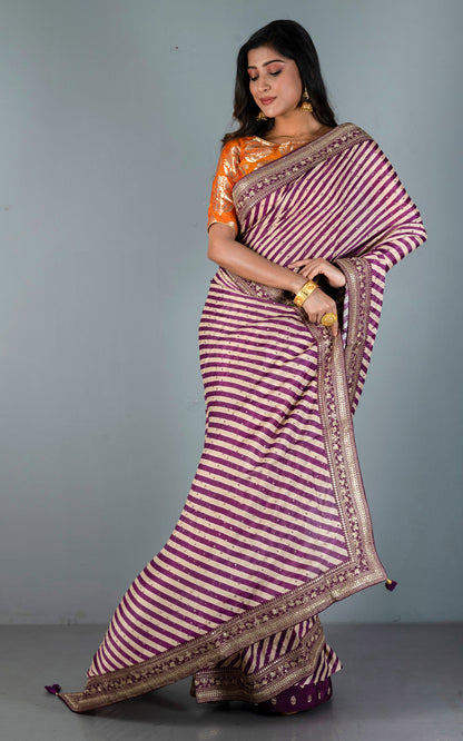 Chinon Crepe Silk Zardozi Work Saree in Byzantine Purple and Biscotti