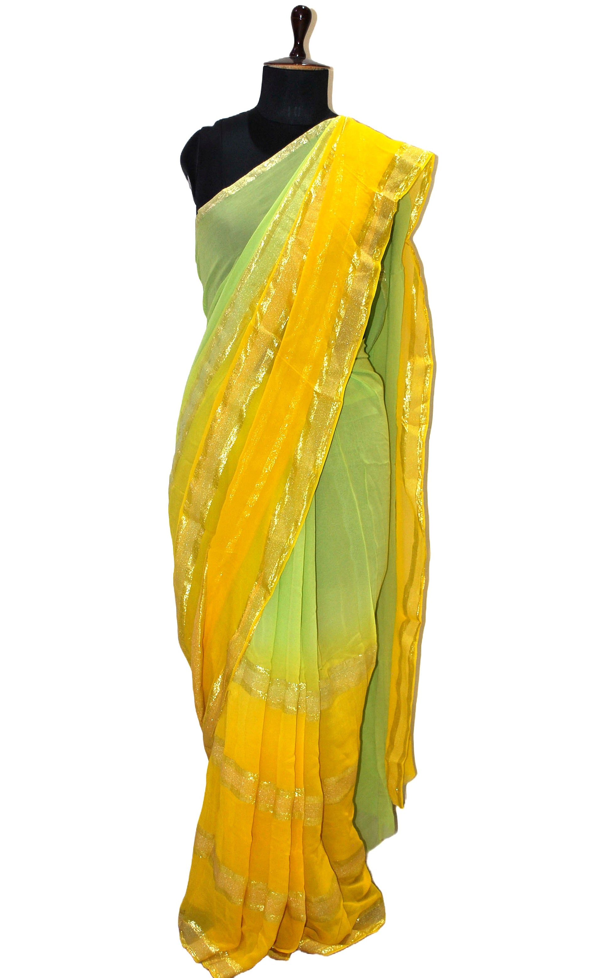 Designer Dual Shaded Georgette Saree in Lime Green, Golden Yellow and Silver Zari Work