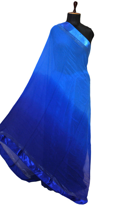 Designer Dual Shaded Georgette Saree in Blue and Silver Zari Work