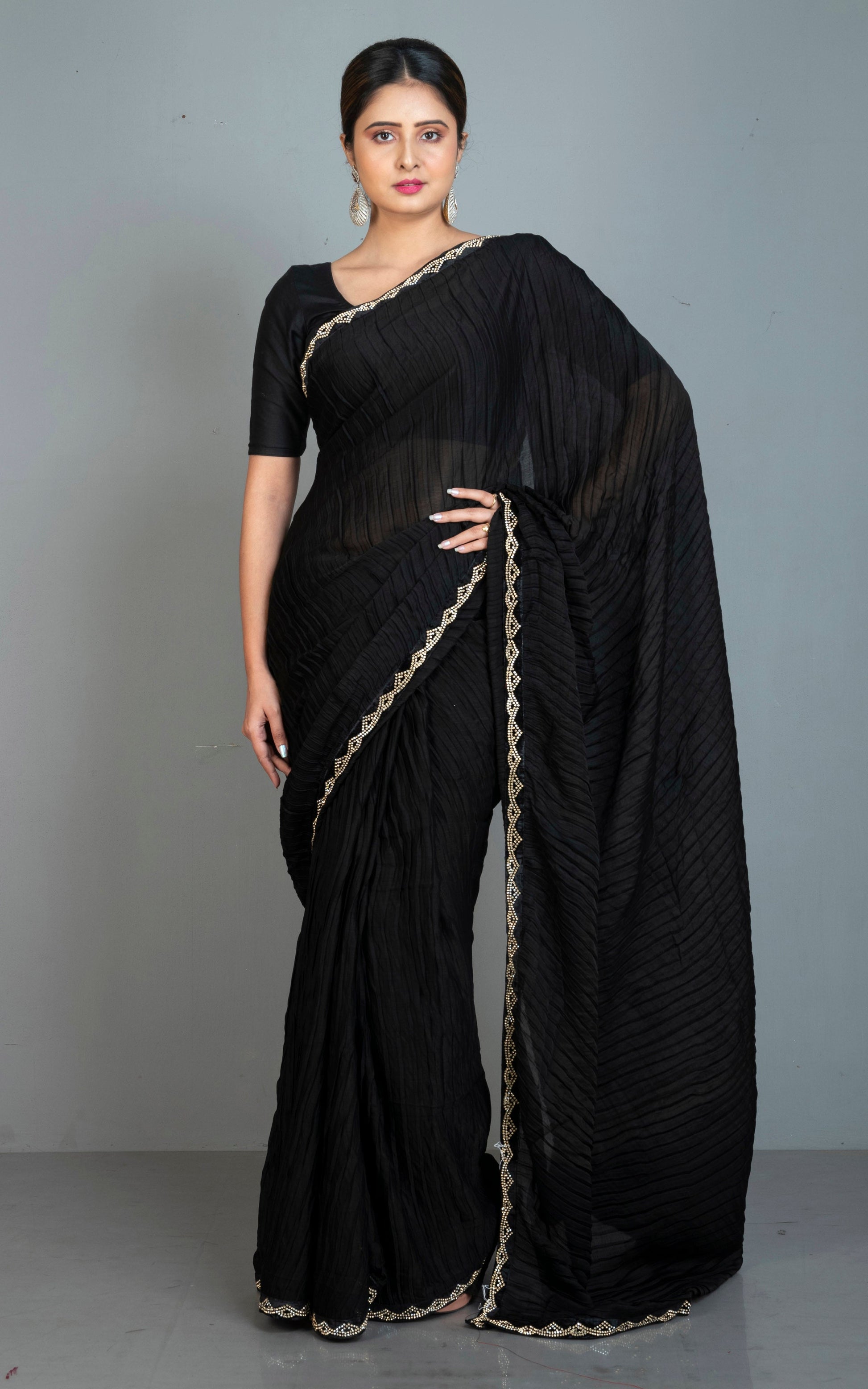 Designer Italian Crepe Silk Ruffle Saree in Black